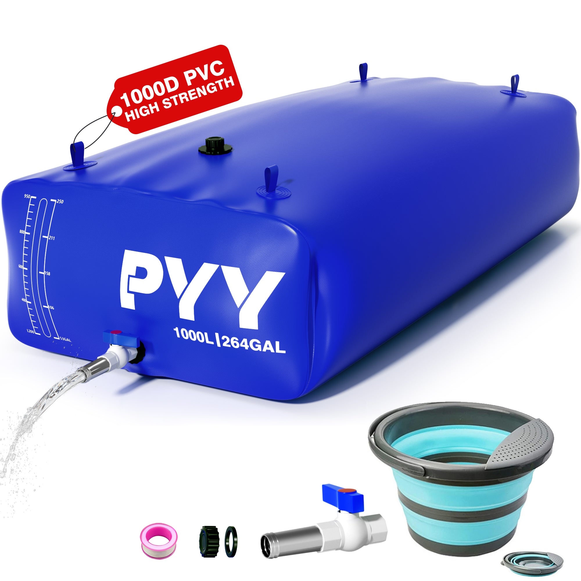 PYY Portable Water Bladder 264 Gallon for Truck Bed,Carrier Cart, Large Water Bob Bathtub Emergency Water Bladder for Outdoor RV Car Camping,Water Storage Bladder with Spigot,Overflow Kit-Black 1000L