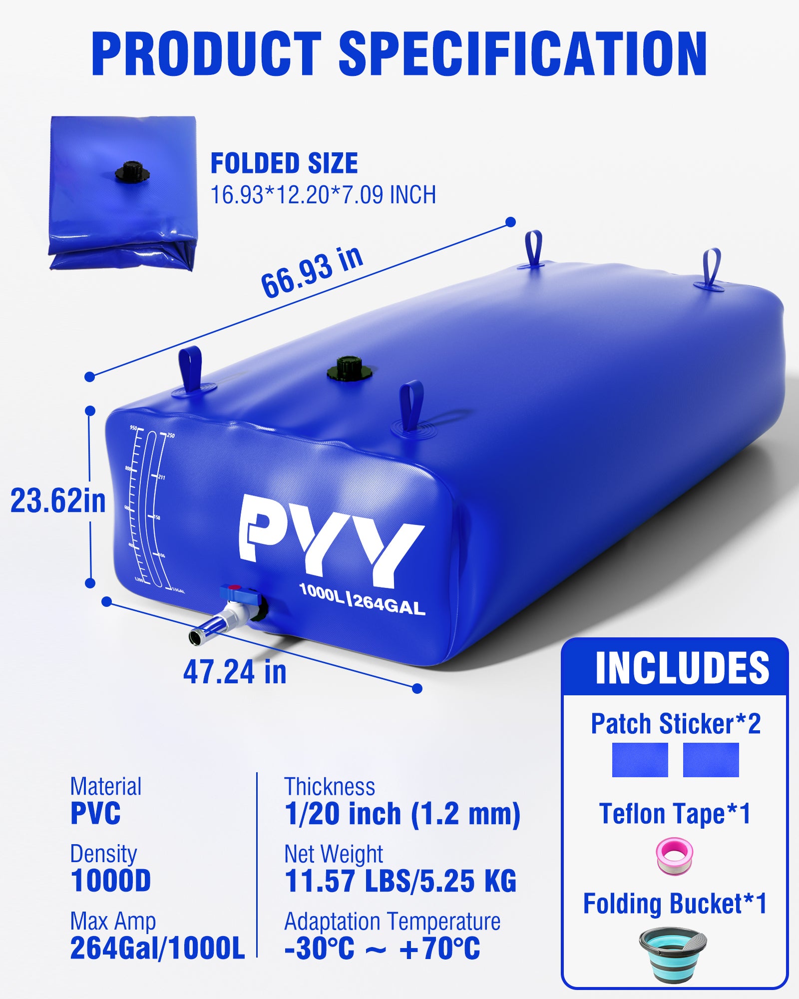 PYY Portable Water Bladder 264 Gallon for Truck Bed,Carrier Cart, Large Water Bob Bathtub Emergency Water Bladder for Outdoor RV Car Camping,Water Storage Bladder with Spigot,Overflow Kit-Black 1000L
