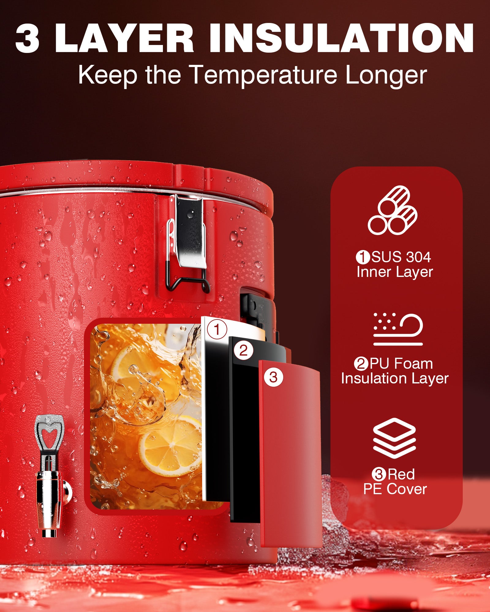 PYY Insulated Beverage Dispenser - Stainless Steel Hot and Cold Drink Water Coffee Carrier with Spigot Handle, Commercial Thermal Container for Chocolate Iced Juice Tea Milk Restaurant Party
