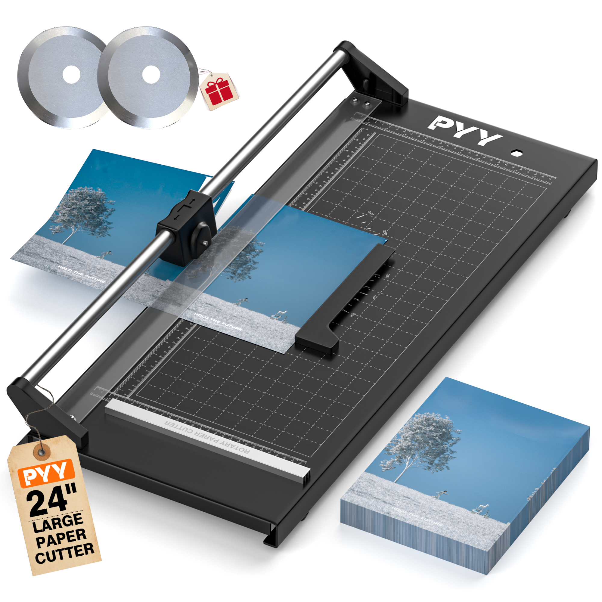 PYY Rotary Paper Cutter - Large Paper Cutter 24 Inch Cutting Length w/Measurement Grid Heavy Duty Self-Sharpening Blade Precision Trimmer for Poster Cardstock Cutting, Photo Trimming, Studio, Office