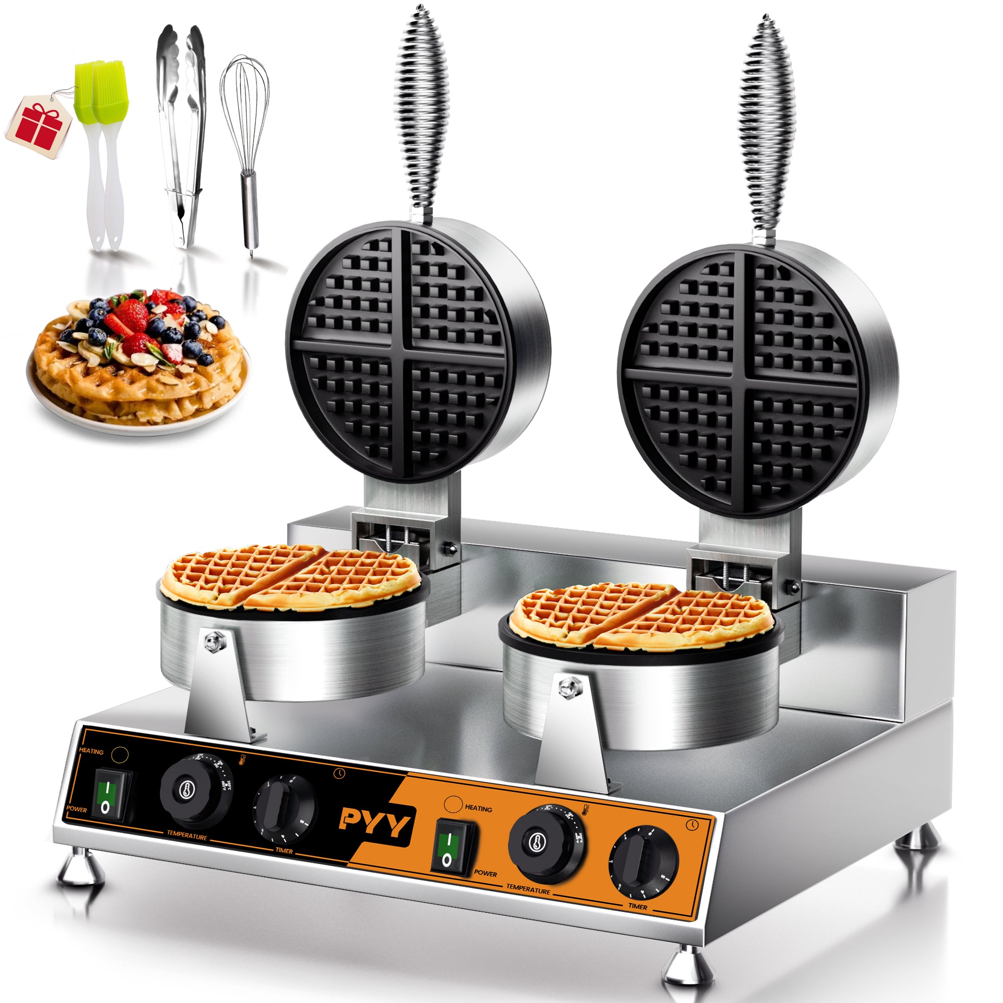 PYY Commercial Waffle Maker - Double Waffle Maker Non-stick for Party Food Stall,Restaurant, Large, Stainless Steel