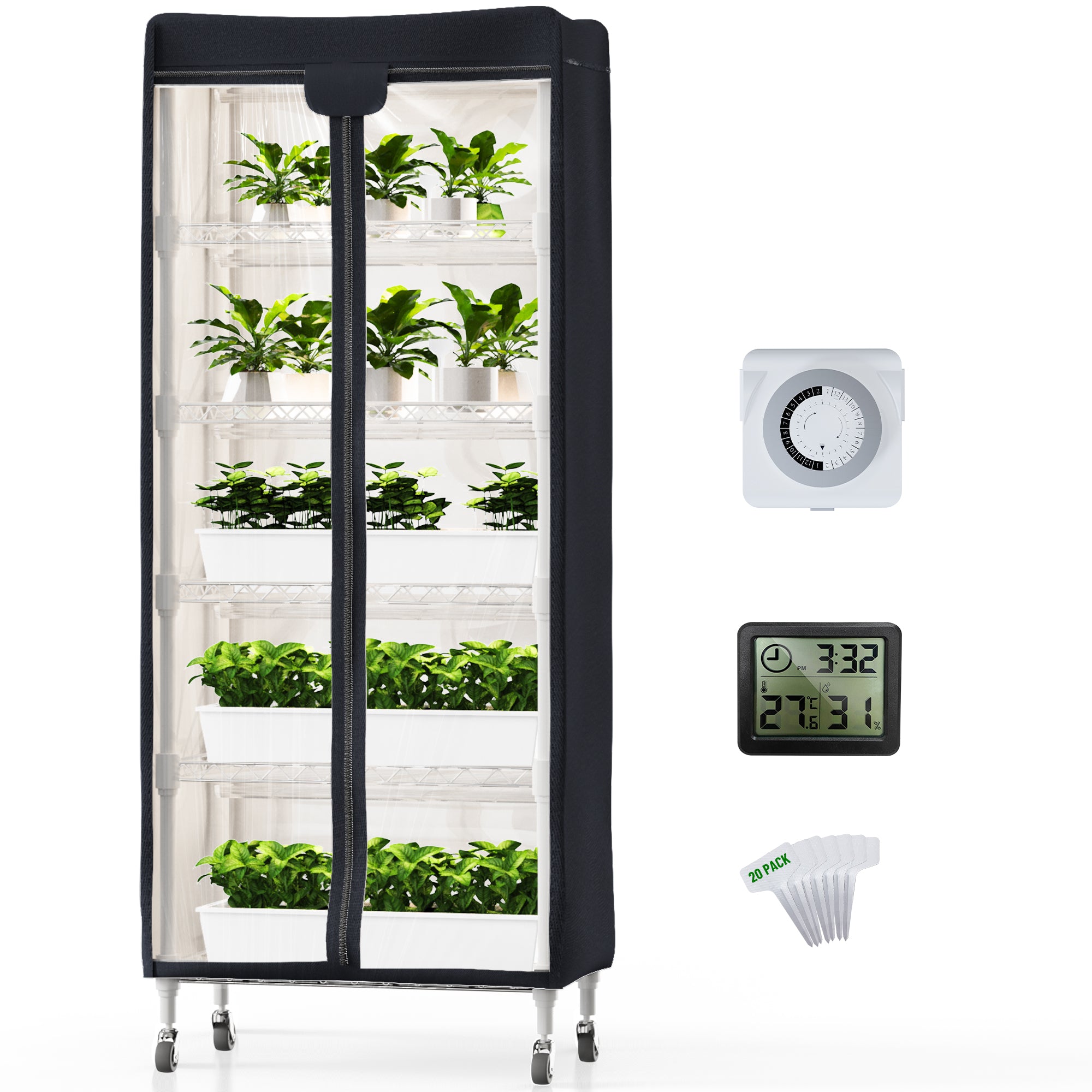 PYY Mini Indoor Greenhouse with Grow Light - 5 Tier Gardening Shelves Small Portable Outdoor Plant Green House Cabinet with Wheels, 600D Oxford Tent Cover, 60W PPFD T8 LED, Timer, Thermometer