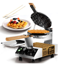 PYY Bubble Waffle Maker – 1500W Commercial Egg Puff Waffle Iron with a non-stick coating, 180° rotating design, a wooden handle, and a crumb tray, ideal for making Hong Kong round cones