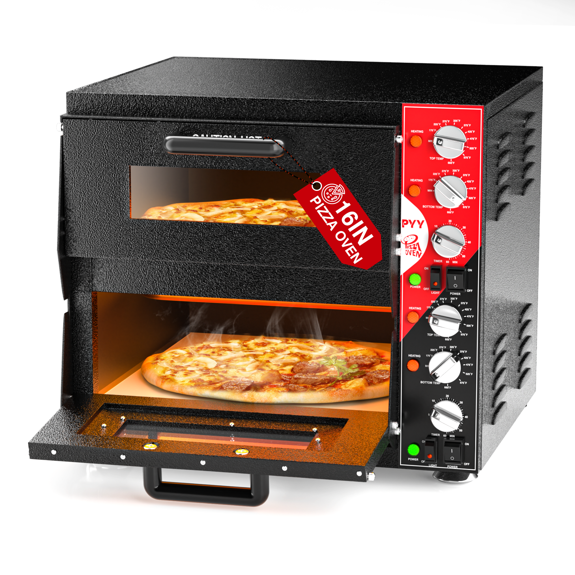 PYY 16" Indoor Pizza Oven Electric Commercial Double Decker Pizza Stone for Restaurant Home,Countertop Pizza Oven with 60-min Ring Timer with 4 Large Heat Tube, 3200W, ETL listed