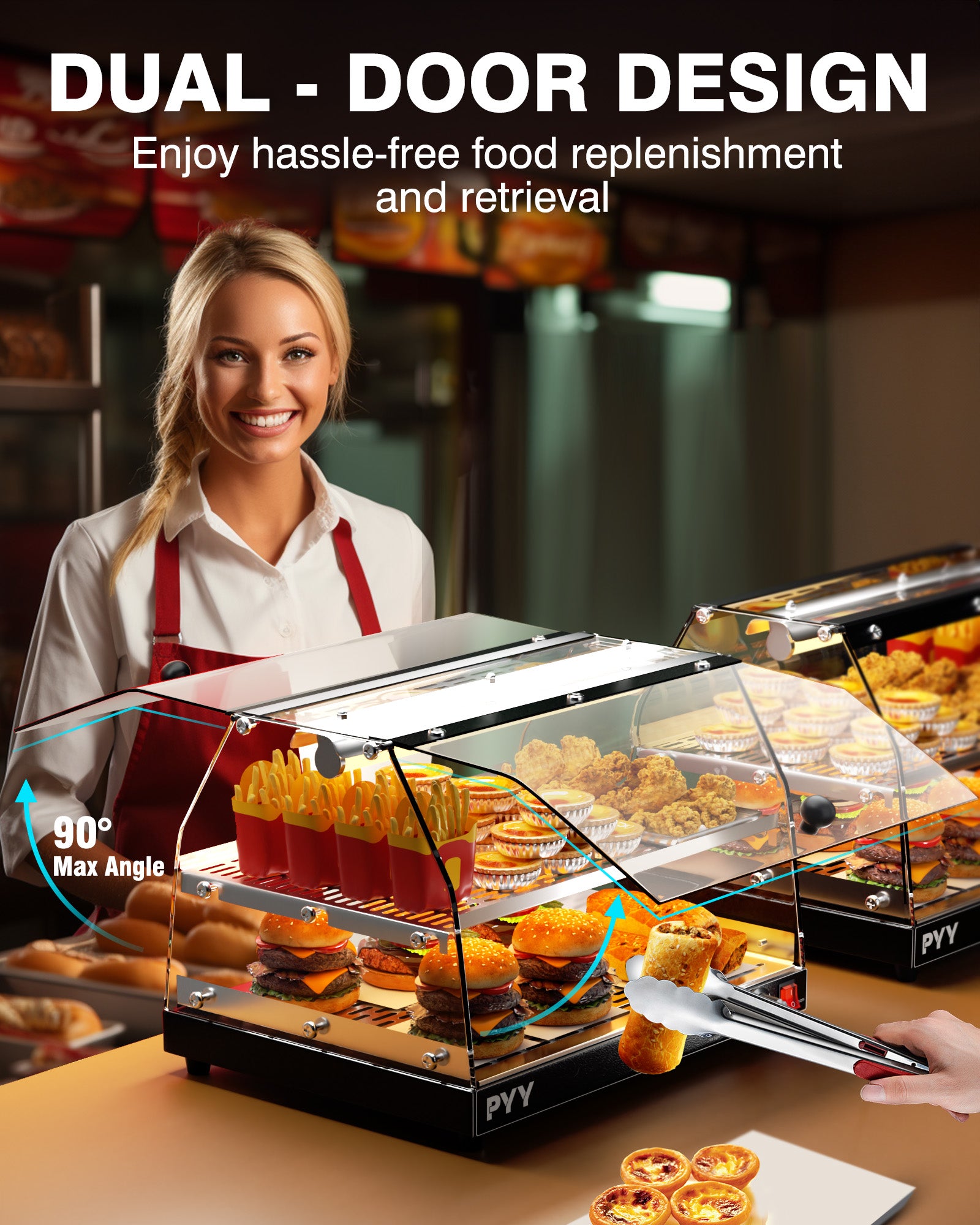 PYY Commercial Food Warmer Display - 2-Tier Adjustable Shelf Pastry Disaplay Case Pretzel Warmer Machine, Countertop Food Warmer with LED Lighting, for Hamburger, Pizza, Bread, Fried Chicken