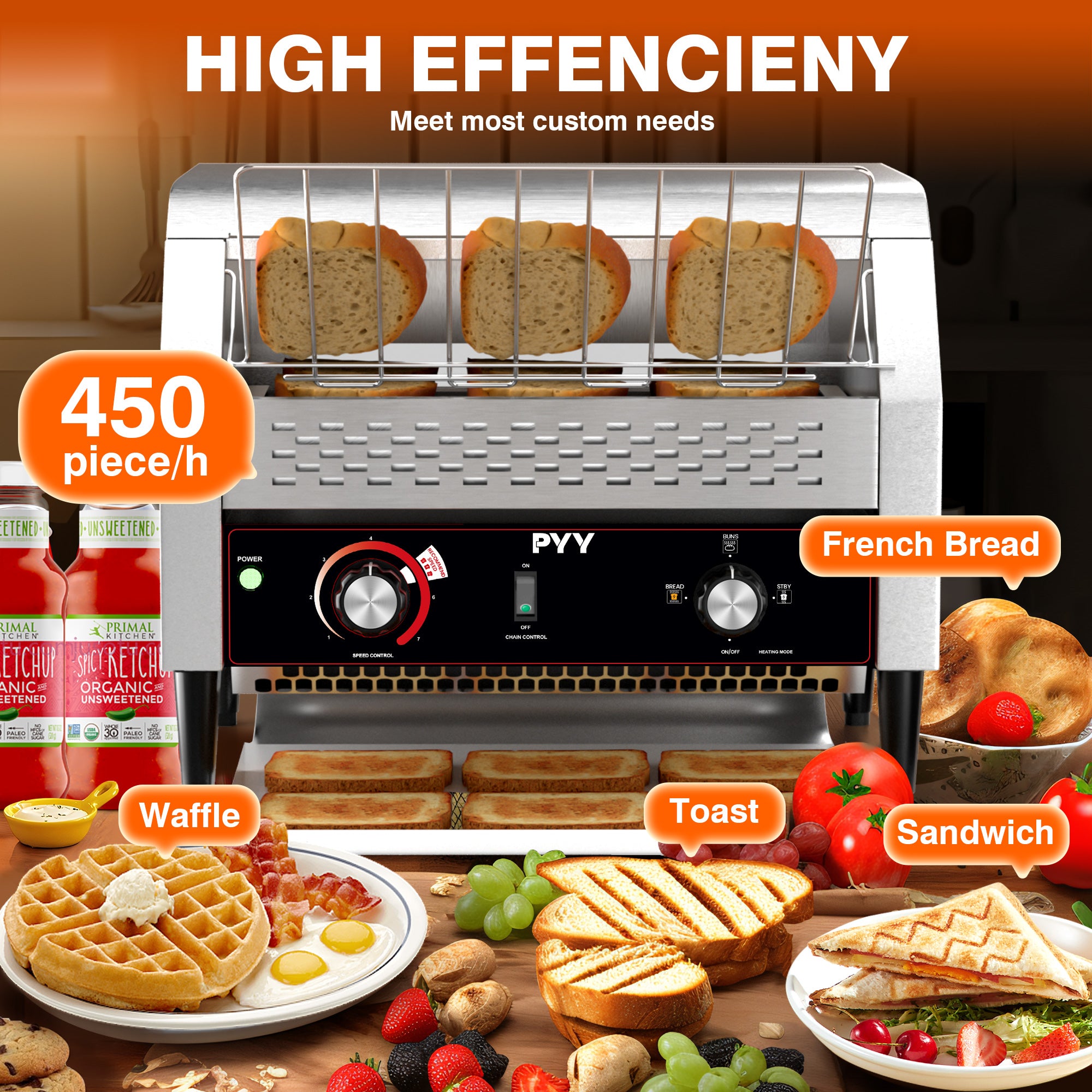 PYY Commercial Conveyor Toaster - Electric Industrial Belt Toasters Oven Heavy Duty Stainless Steel Tostadora Transportadora for Bun Bagel Bread Waffle Restaurant Buffet 450 Slices/Hour