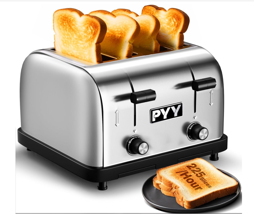 PYY 4 Slices Toaster Commercial - 225 Slices/Hour 1800W Pop Up Wide Slots 1.57 inch Stainless Steel 6-Level Setting, with Removable Crumb Tray, Bread, Bagels, Breakfast, Texas Toast, Restaurant