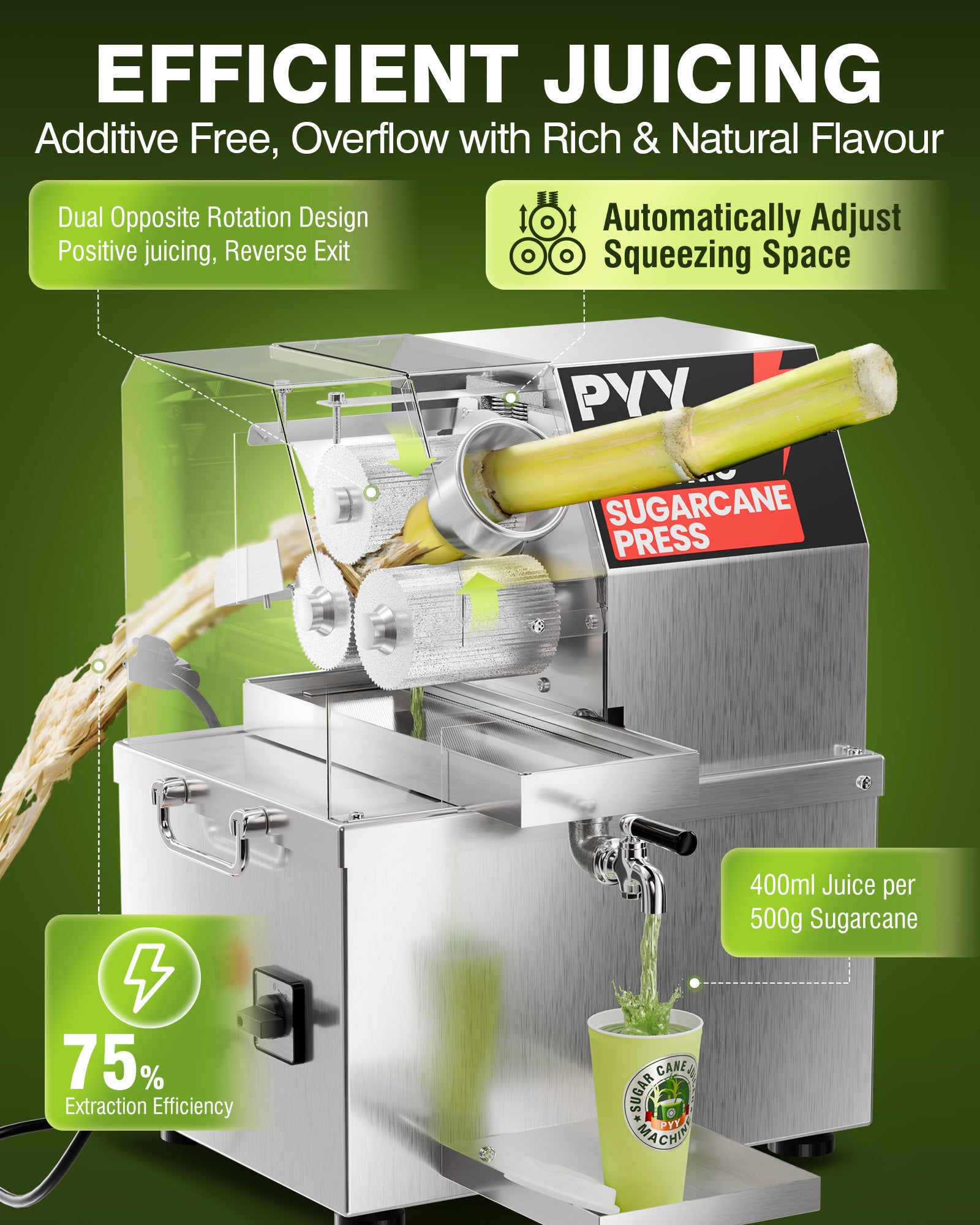 PYY Sugar Cane Juicer Machine - Commercial Countertop Electric 3-Rollers Sugarcane Juice Press Stainless Steel Washable Extractor, Guarapera de Caña de Azúcar Eléctrica w/ 2 Peelers, Brush, 600W