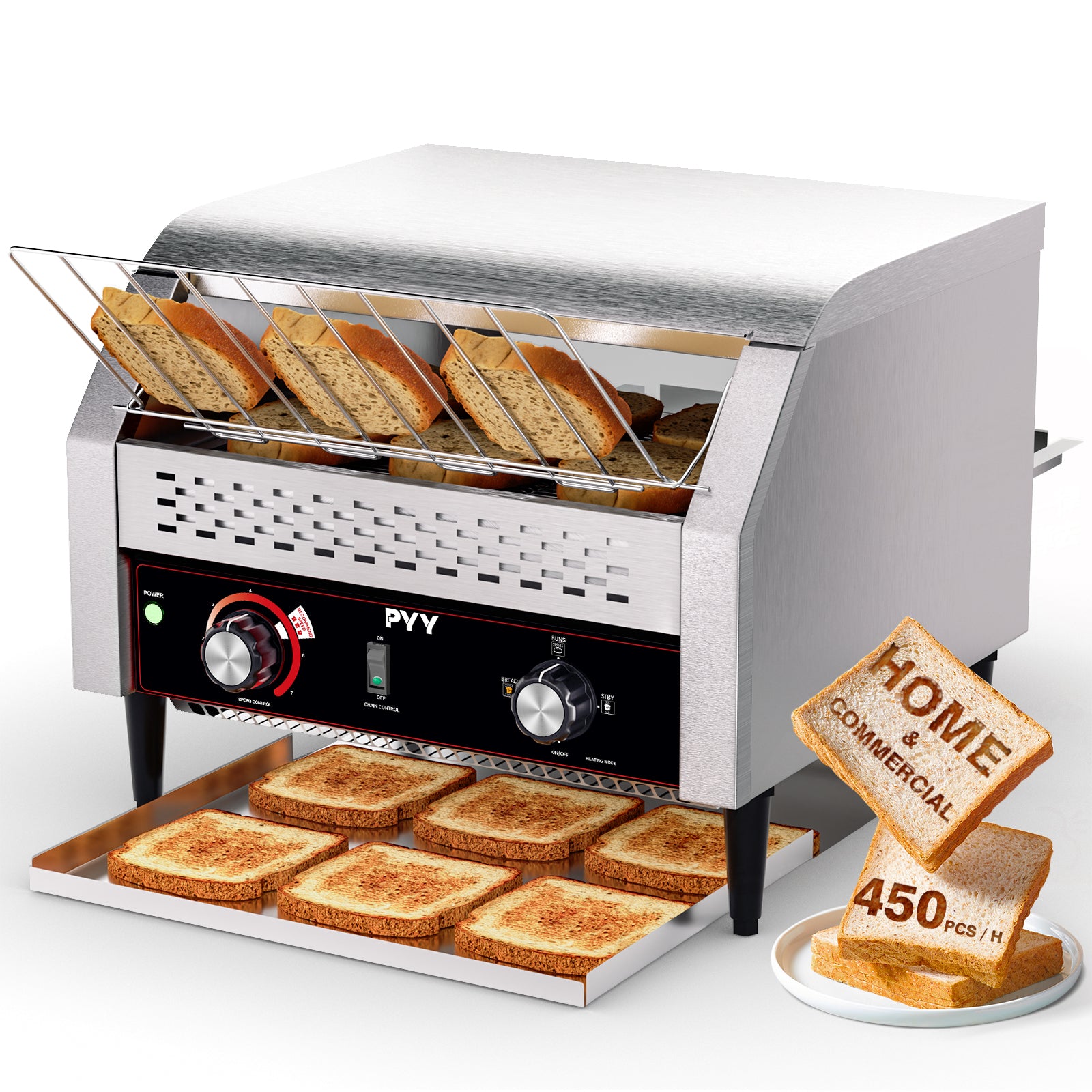 PYY Commercial Conveyor Toaster - Electric Industrial Belt Toasters Oven Heavy Duty Stainless Steel Tostadora Transportadora for Bun Bagel Bread Waffle Restaurant Buffet 450 Slices/Hour