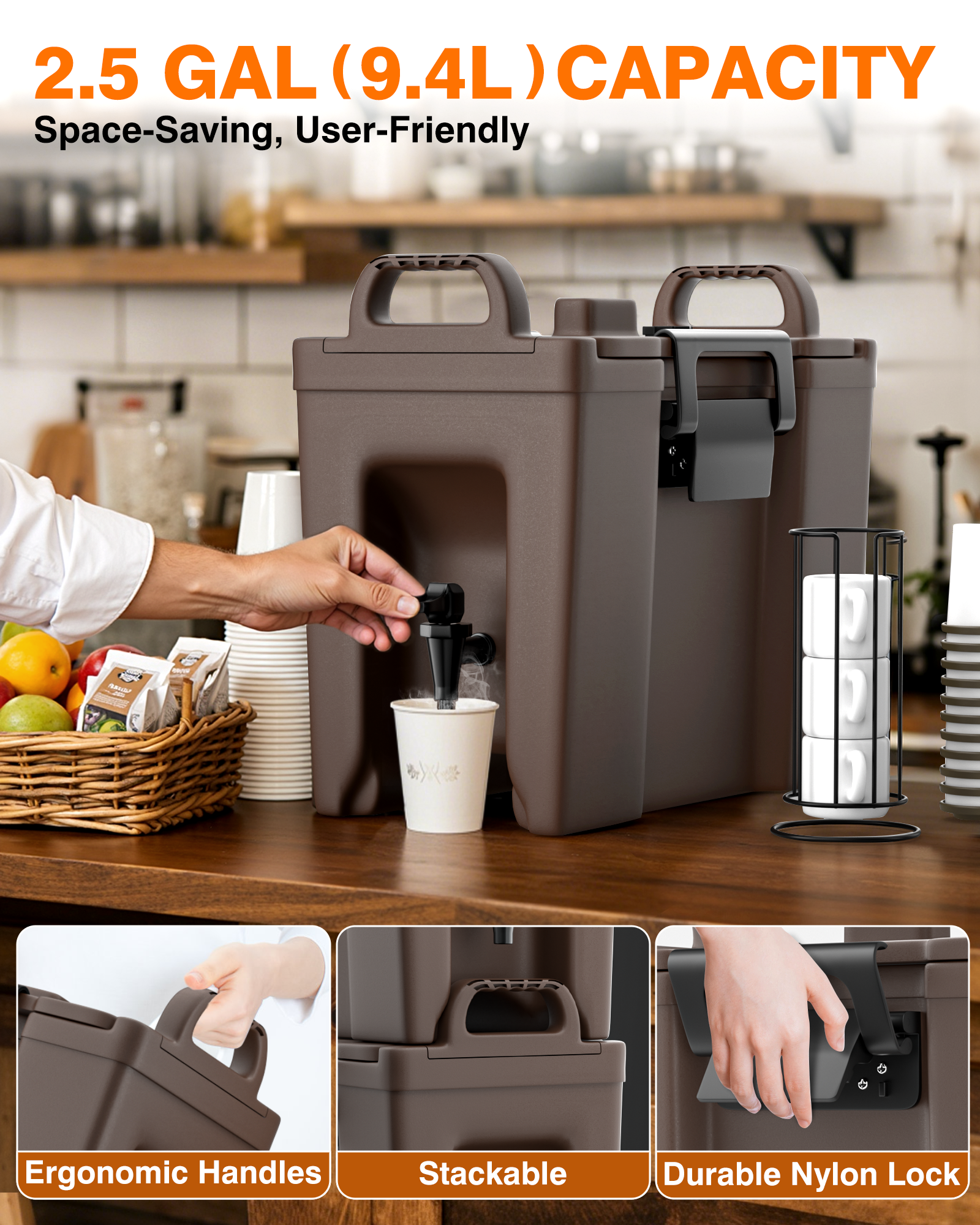 PYY Insulated Beverage Dispenser - Hot and Cold Drink Container with Handles, Thermal Drink Dispenser Cooler Server carrier For Commercial Catering Brown