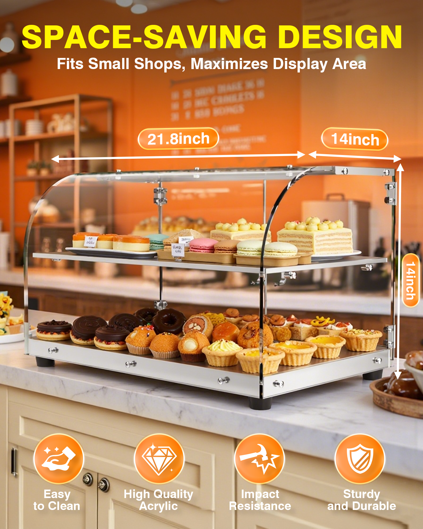 Pastry Display Case - 22" Bakery Display Case 2-Layer Acrylic Pastry Display Case Countertop with Stainless Steel Shelves & Base, 2 Magnetic Rear Doors