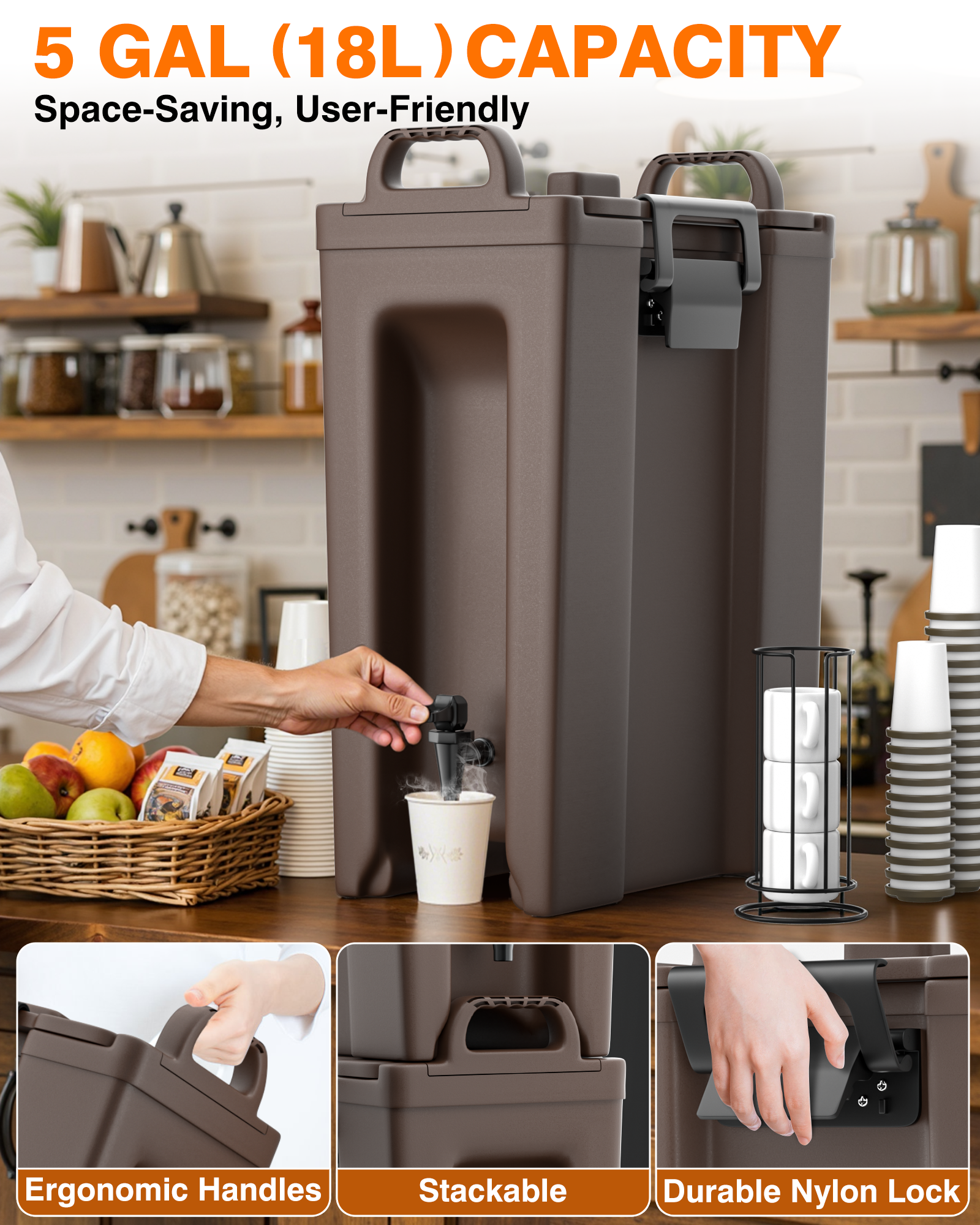 PYY Insulated Beverage Dispenser - Hot and Cold Drink Container with Handles, Thermal Drink Dispenser Cooler Server carrier For Commercial Catering Brown