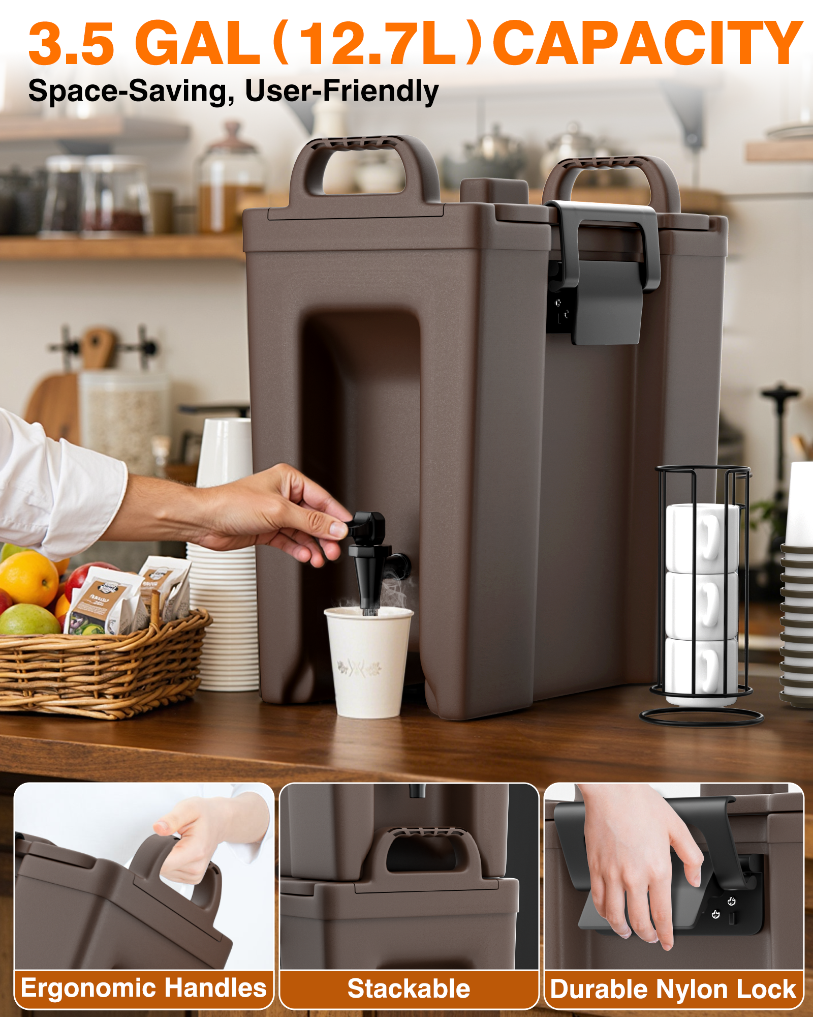 PYY Insulated Beverage Dispenser - Hot and Cold Drink Container with Handles, Thermal Drink Dispenser Cooler Server carrier For Commercial Catering Brown