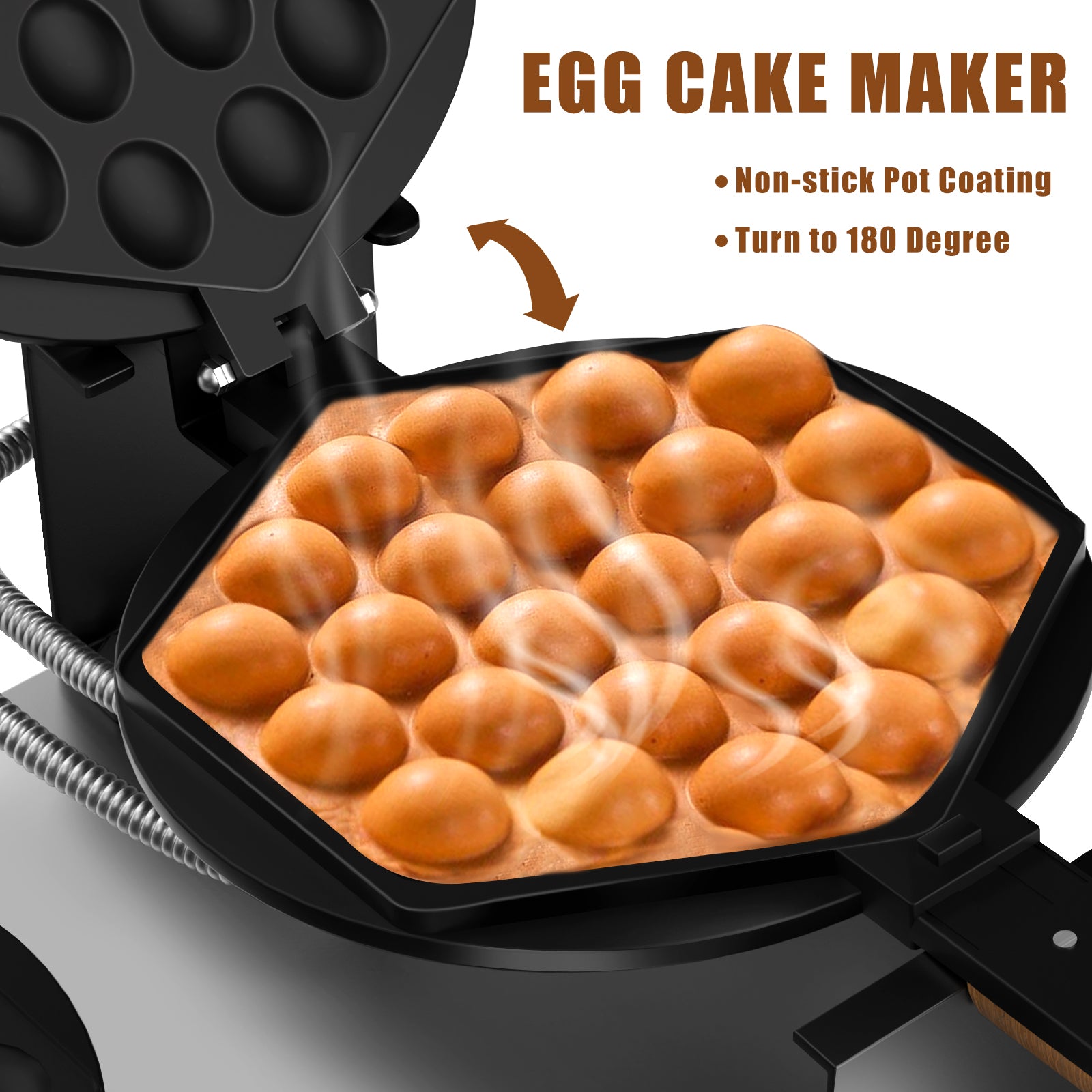 PYY Bubble Waffle Maker - Easy Clean，Double 180° Rotate, Non-stick, 1500W, 110V, 50-250℃, Commercial & Home Use, Stainless Steel