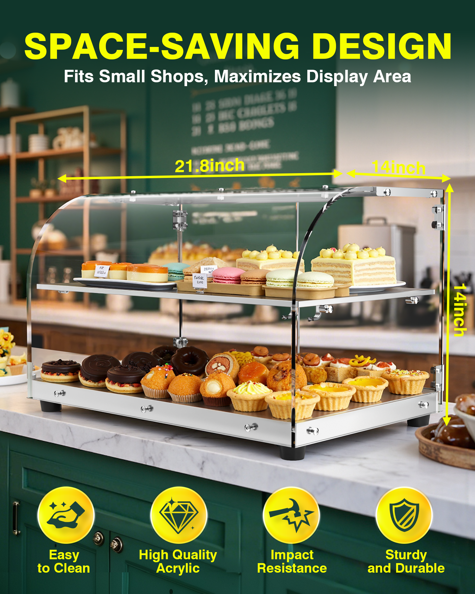 Pastry Display Case - 22" Bakery Display Case 2-Layer Acrylic Pastry Display Case Countertop with Stainless Steel Shelves & Base, 2 Magnetic Rear Doors