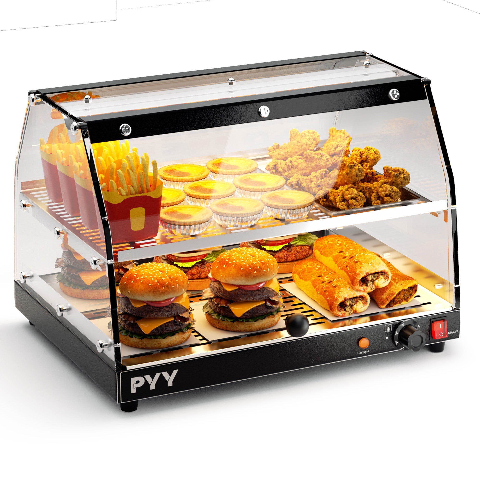 PYY Commercial Food Warmer Display - 2-Tier Adjustable Shelf Pastry Disaplay Case Pretzel Warmer Machine, Countertop Food Warmer with LED Lighting, for Hamburger, Pizza, Bread, Fried Chicken