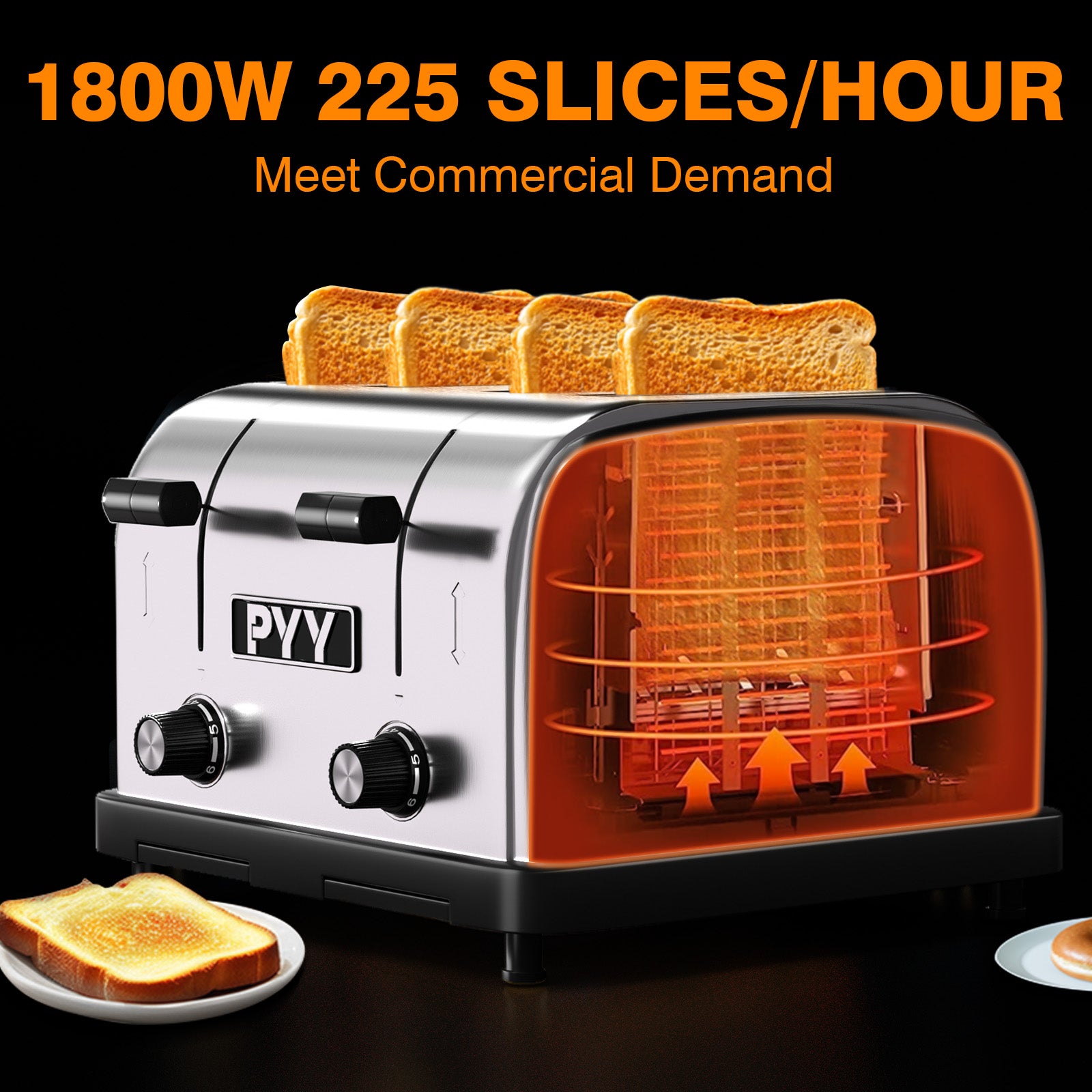 PYY 4 Slices Toaster Commercial - 225 Slices/Hour 1800W Pop Up Wide Slots 1.57 inch Stainless Steel 6-Level Setting, with Removable Crumb Tray, Bread, Bagels, Breakfast, Texas Toast, Restaurant