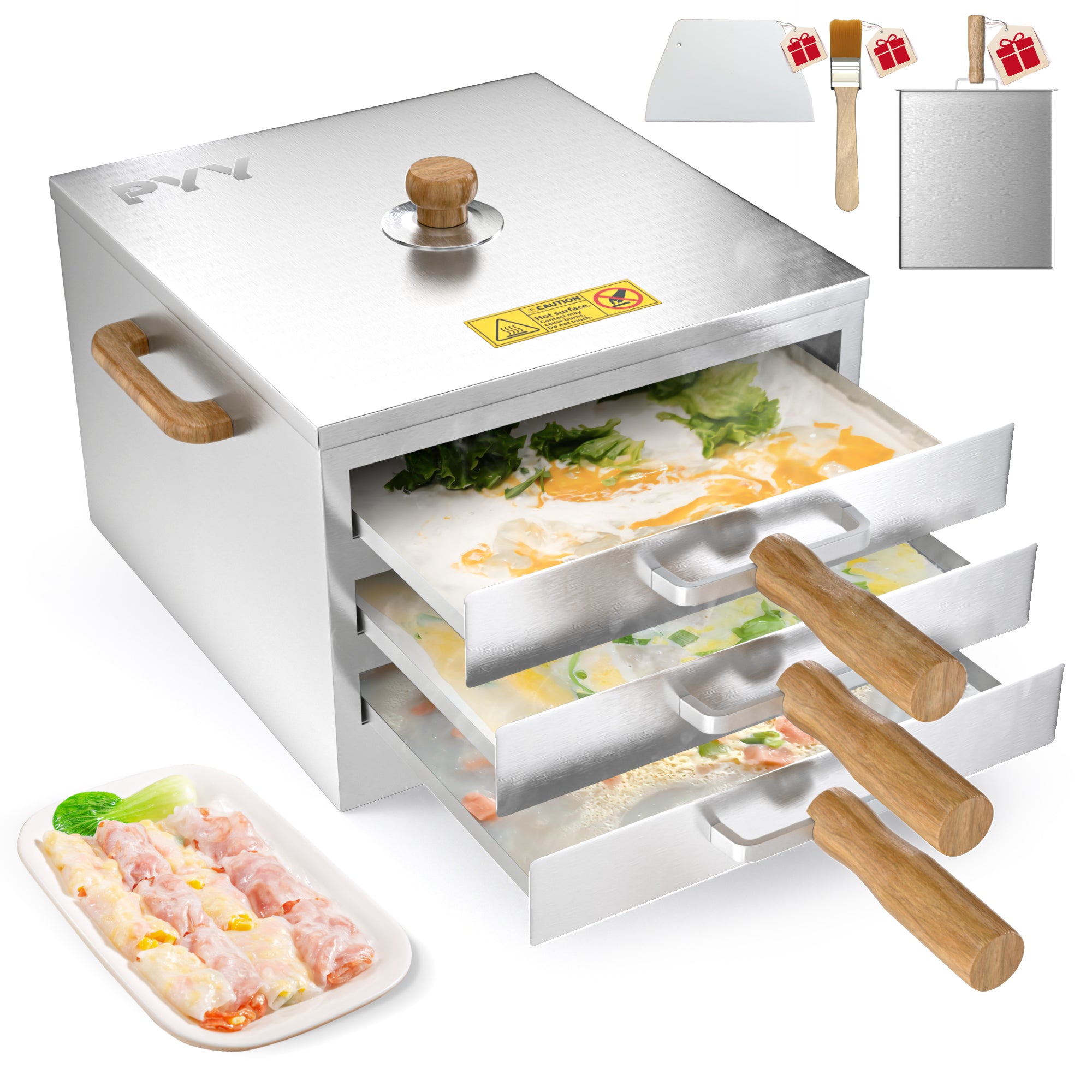 PYY Rice Noodle Roll Steamer Machine - 2 Layers 3 Trays Chinese Cantonese Cheung Fun Changfen Maker Cooker for Commercial and Home Kitchen with Extra Stainless Steel Steam Tray and Wooden Handle
