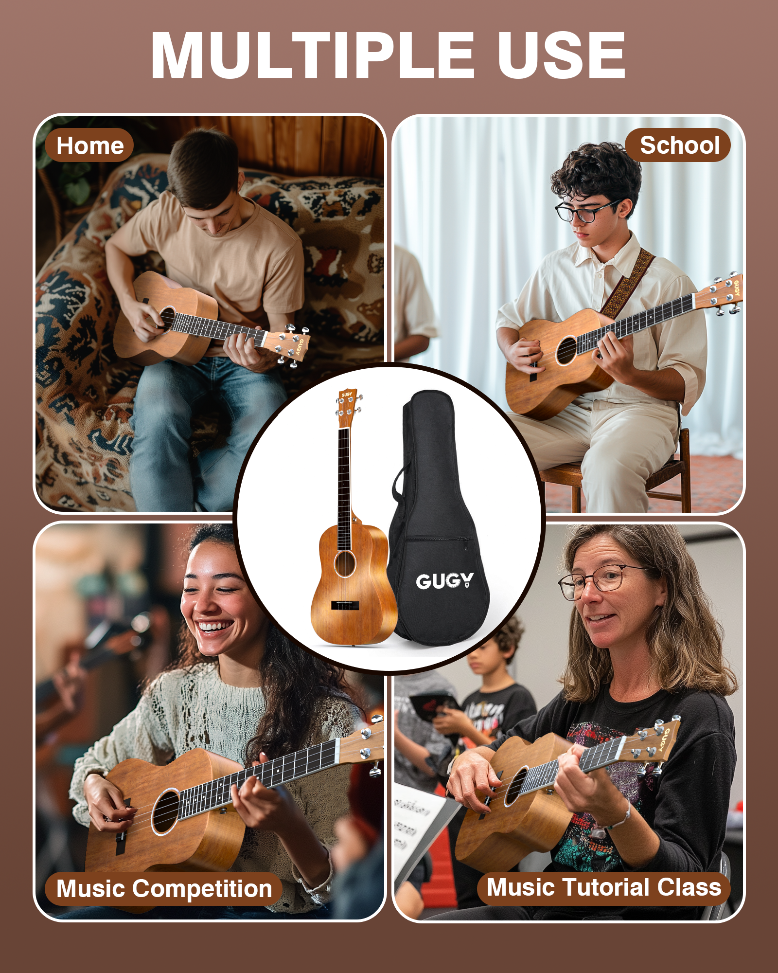 PYY Baritone Ukulele Mahogany Wood Ukuleles Music Instrument Kit with Digital Tuner, Strap, Gig Bag, 3 Picks, Extra Strings, Capo, for Adults Beginners Starter
