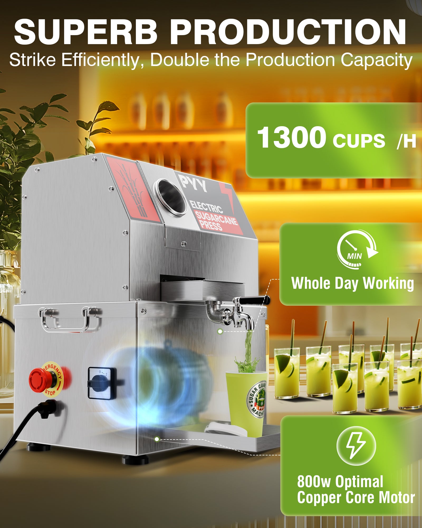 PYY Sugar Cane Juicer Machine - Commercial Countertop Electric 3-Rollers Sugarcane Juice Press Stainless Steel Washable Extractor, Guarapera de Caña de Azúcar Eléctrica w/ 2 Peelers, Brush, 600W