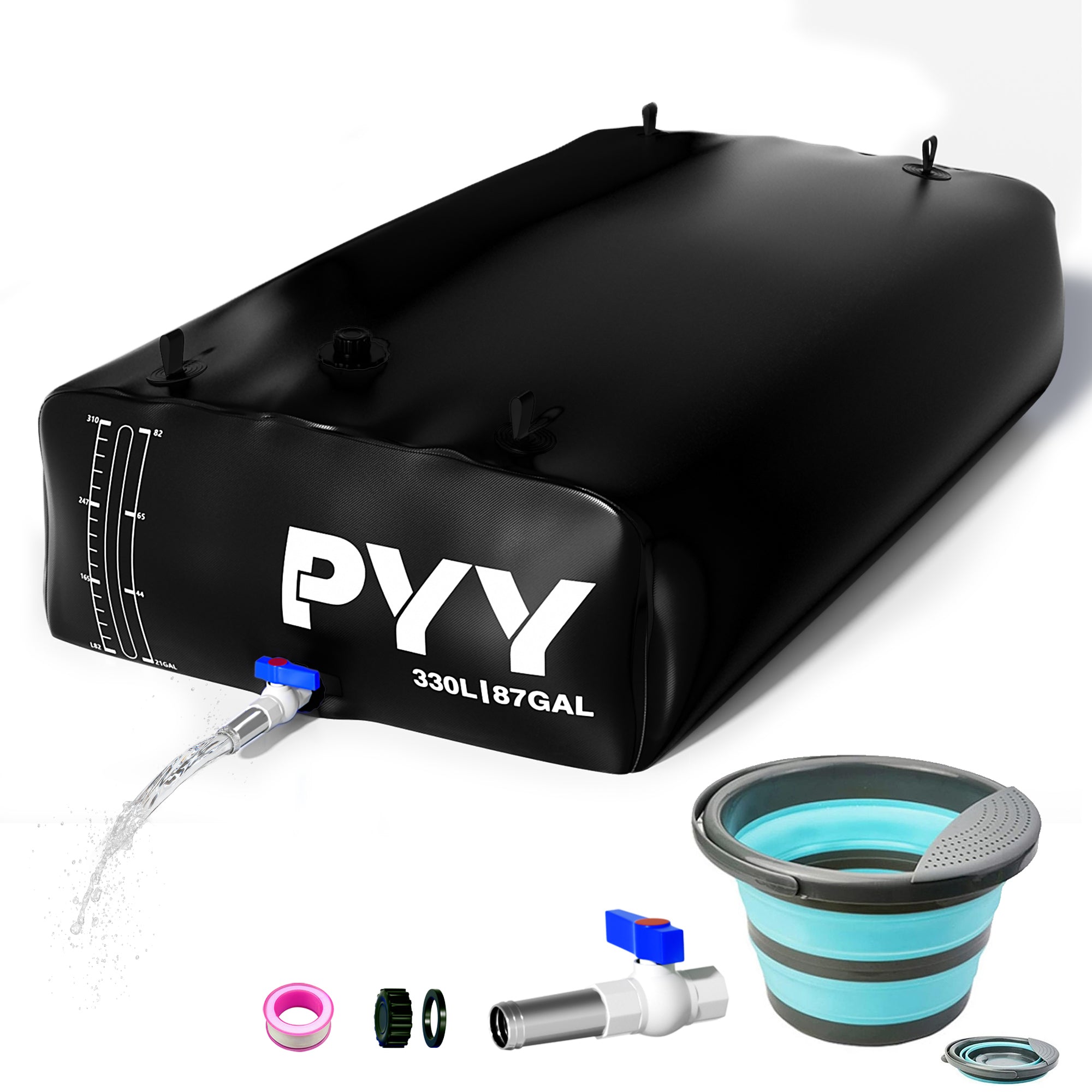 PYY Portable Water Bladder 87 Gallon for Truck Bed & Carrier Cart Water Bob Bathtub Emergency Water Bladder for Outdoor RV & Car Camping Water Storage Bladder with Spigots and Overflow Kit-Black 330L