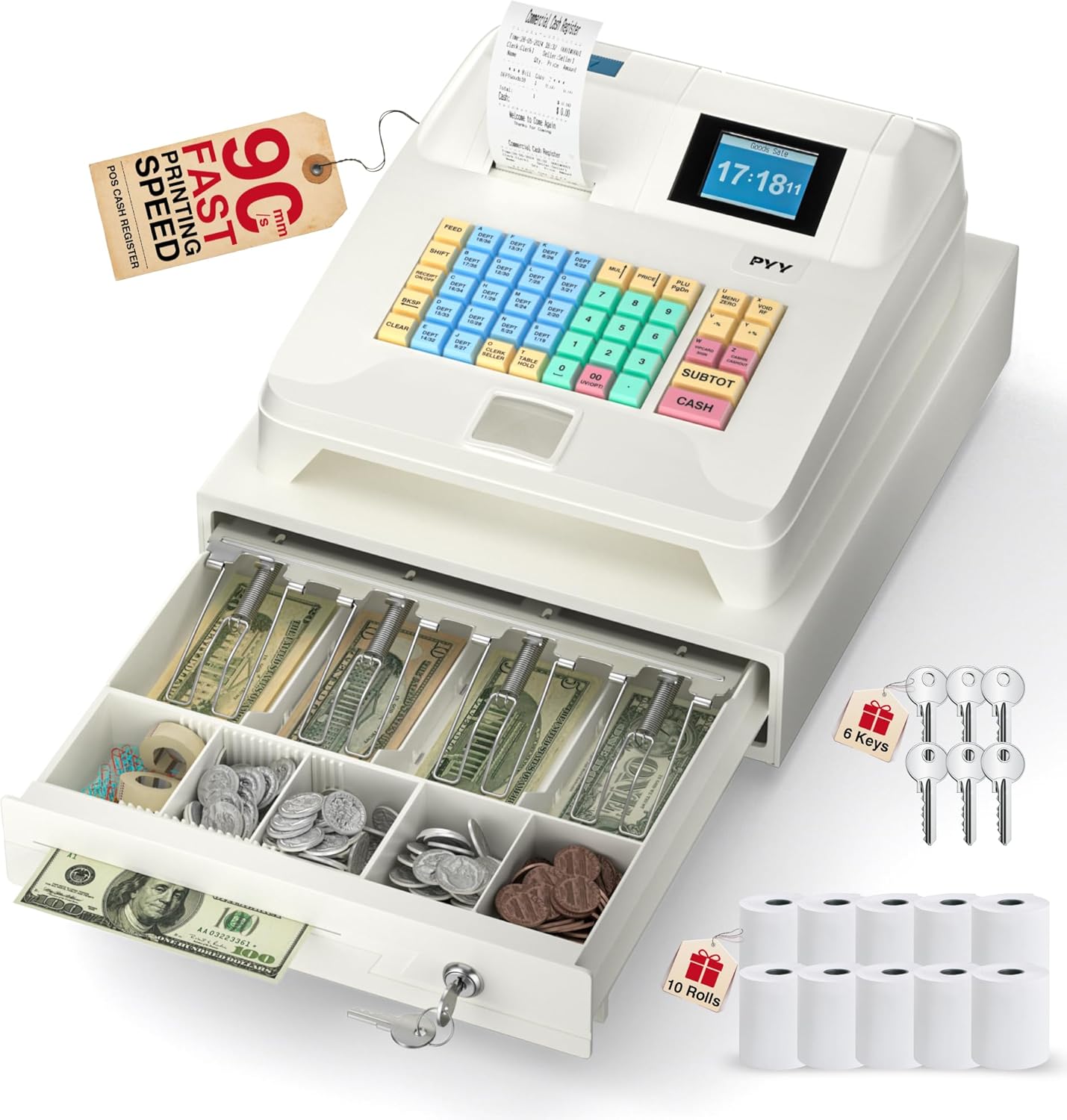 PYY Cash Register for Small Businesses - Electronic Commercial Caja Registradora para Negocio with Lock Cash Drawer Box, 8 Digital Dual Display, 48 Keys, Restaurant Supermarket Pos Retail System