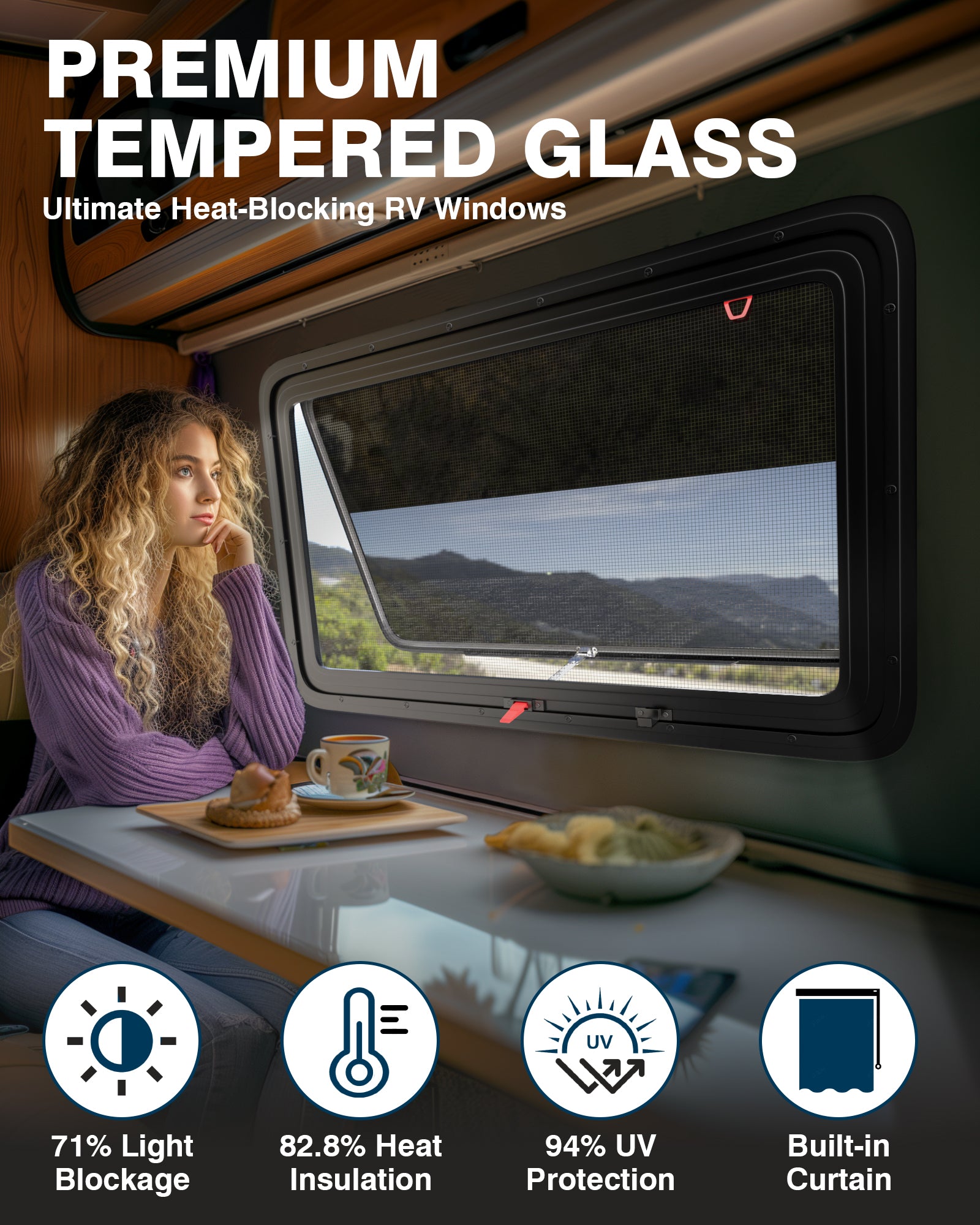 PYY RV Exit Window 36" W X 22" H Camper Windows Replacement with Trim Ring & Sunshade for 2" Wall Thickness, Horizontal RV Emergency Window for Camper Vans Trailers Motorhomes DOT & EMARK Certified