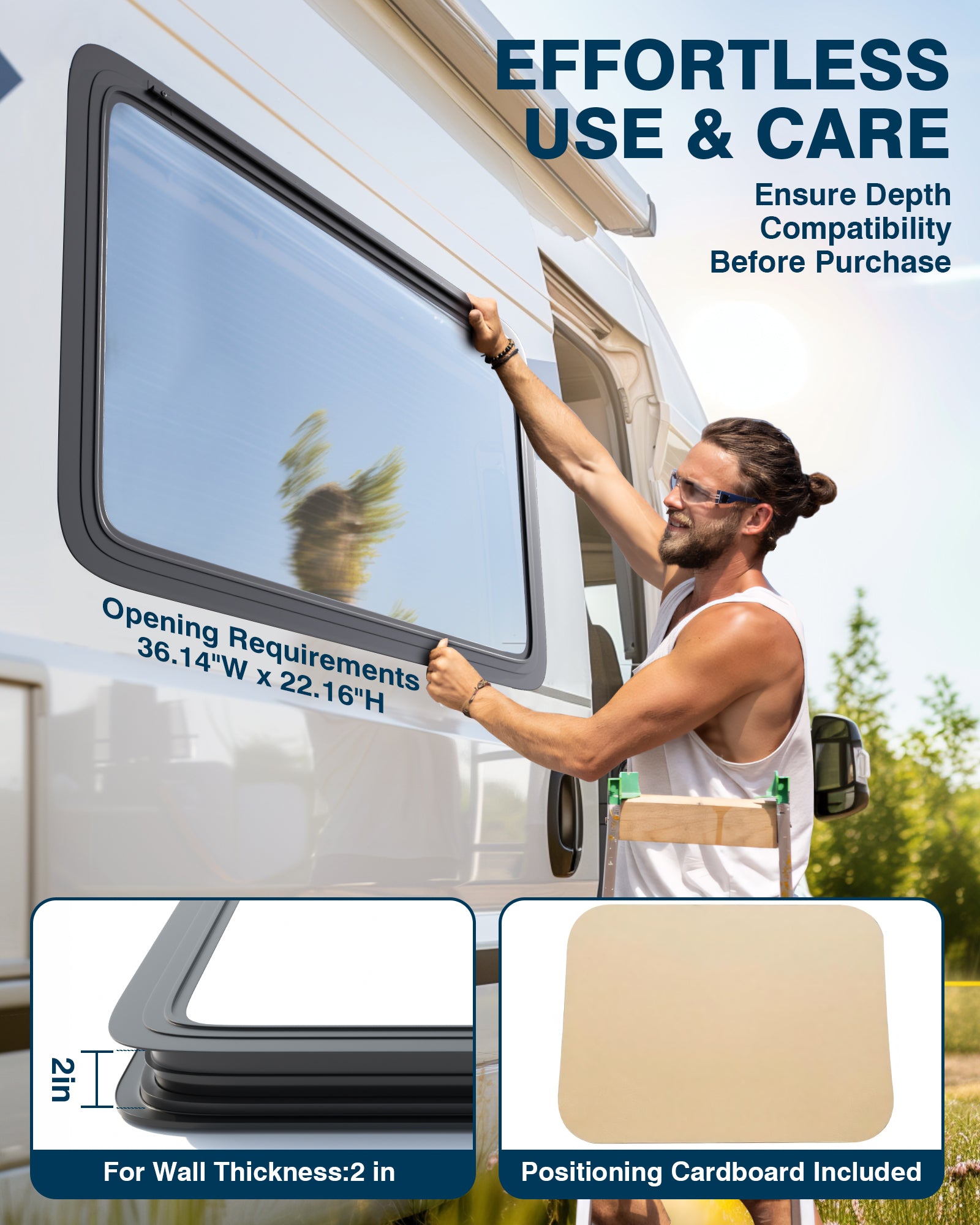 PYY RV Exit Window 36" W X 22" H Camper Windows Replacement with Trim Ring & Sunshade for 2" Wall Thickness, Horizontal RV Emergency Window for Camper Vans Trailers Motorhomes DOT & EMARK Certified
