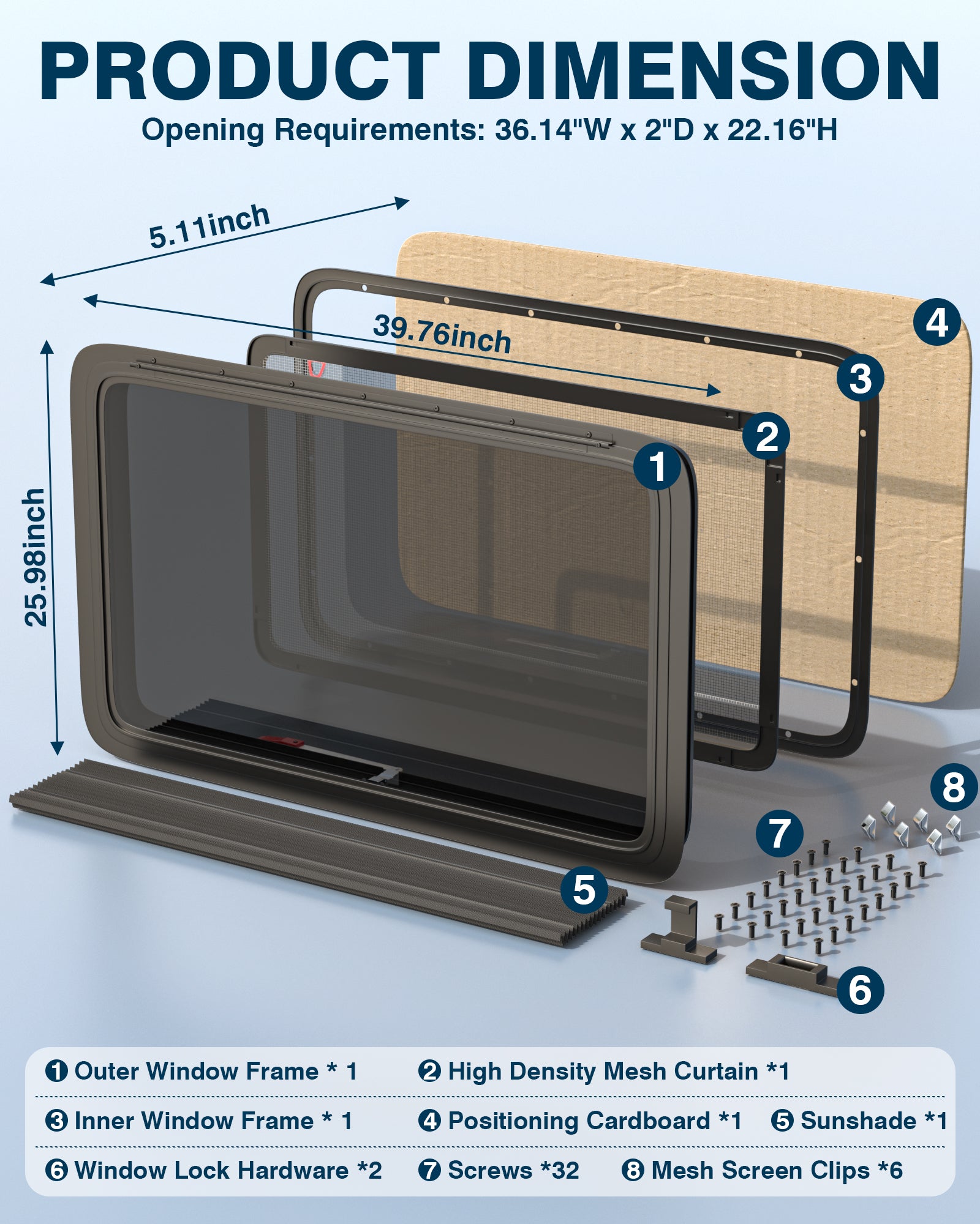 PYY RV Exit Window 36" W X 22" H Camper Windows Replacement with Trim Ring & Sunshade for 2" Wall Thickness, Horizontal RV Emergency Window for Camper Vans Trailers Motorhomes DOT & EMARK Certified
