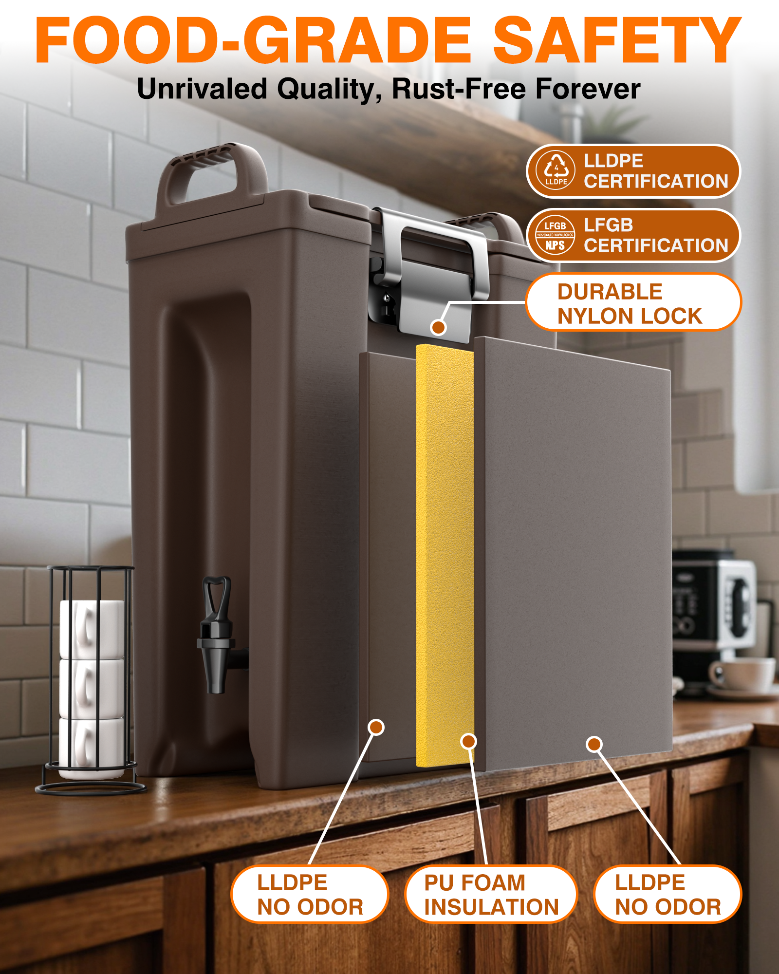 PYY Insulated Beverage Dispenser - Hot and Cold Drink Container with Handles, Thermal Drink Dispenser Cooler Server carrier For Commercial Catering Brown