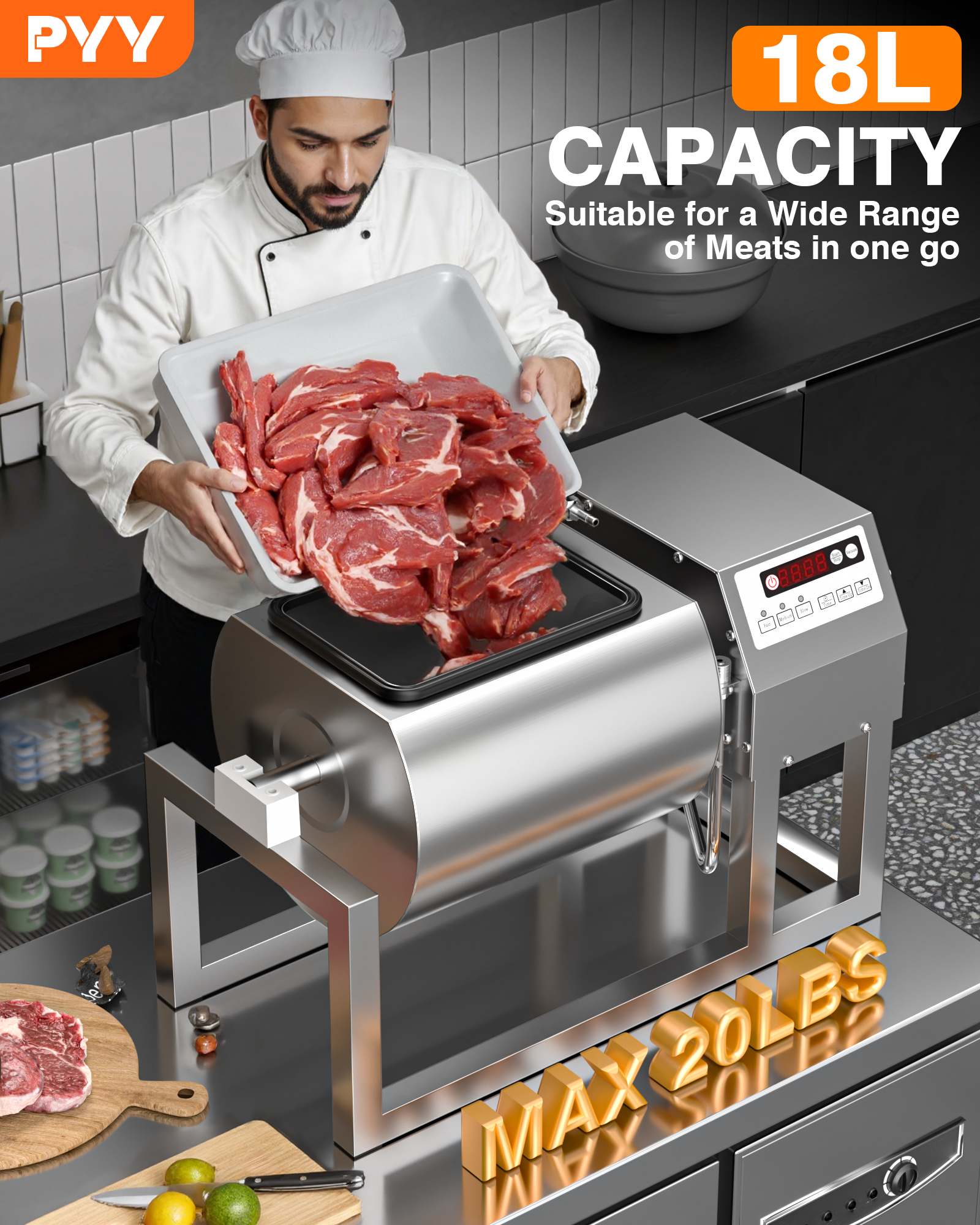 Vacuum Tumbler Marinator - 18L Commercial Meat Tumbler Marinator w/Pressure Gauge, 30 Minute Fast Marinating, Upgraded 80W Copper Motor, 3-Speed, Stainless Steel Meat Tumbler for Catering Kitchen