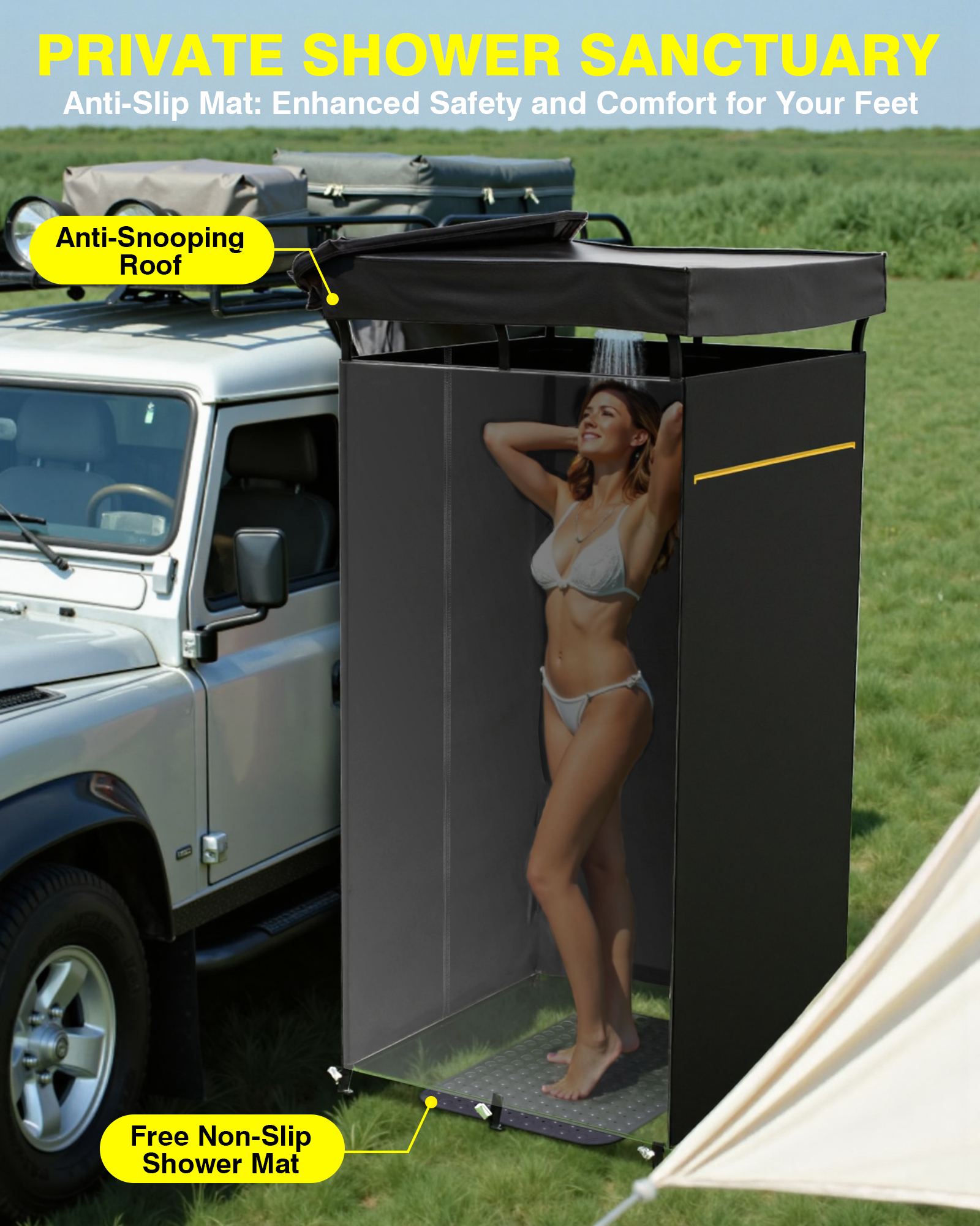 PYY Shower Awning- Awning Shower Tent with Roof Rack, Foldable Floor Mat, LED Light Strip, 3 Zippers for Safety & Access, Carside Bathroom for Outdoor Camping Traveling, 3.3ft*3.3ft*5.5ft