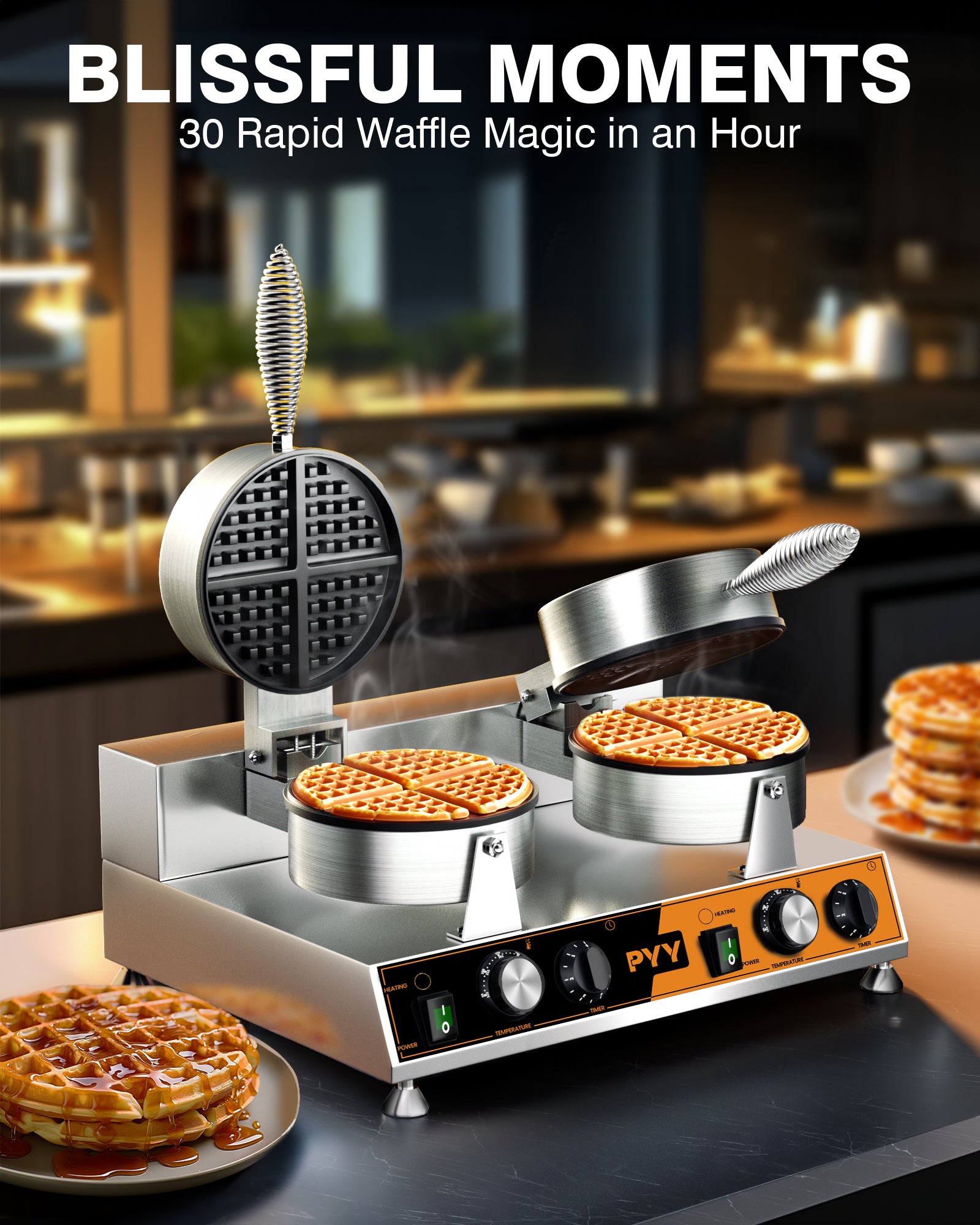 PYY Commercial Waffle Maker - Double Waffle Maker Non-stick for Party Food Stall,Restaurant, Large, Stainless Steel