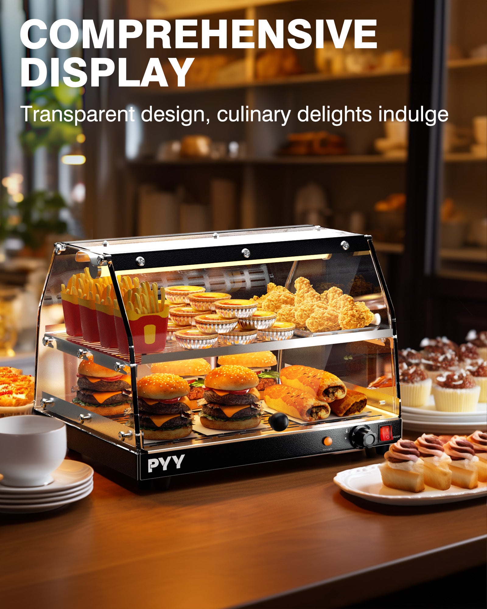 PYY Commercial Food Warmer Display - 2-Tier Adjustable Shelf Pastry Disaplay Case Pretzel Warmer Machine, Countertop Food Warmer with LED Lighting, for Hamburger, Pizza, Bread, Fried Chicken