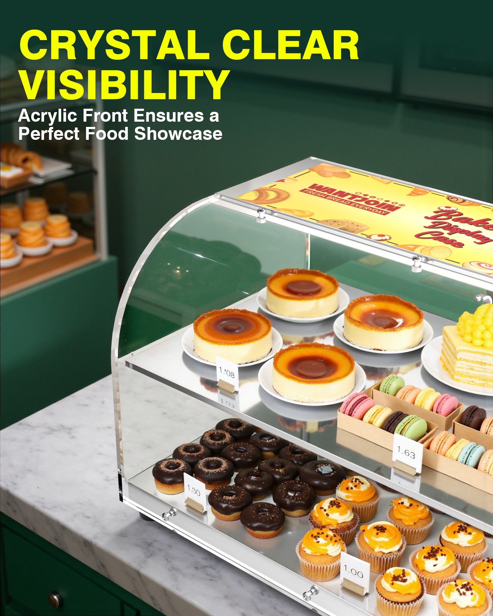 Pastry Display Case - 22" Bakery Display Case 2-Layer Acrylic Pastry Display Case Countertop with Stainless Steel Shelves & Base, 2 Magnetic Rear Doors