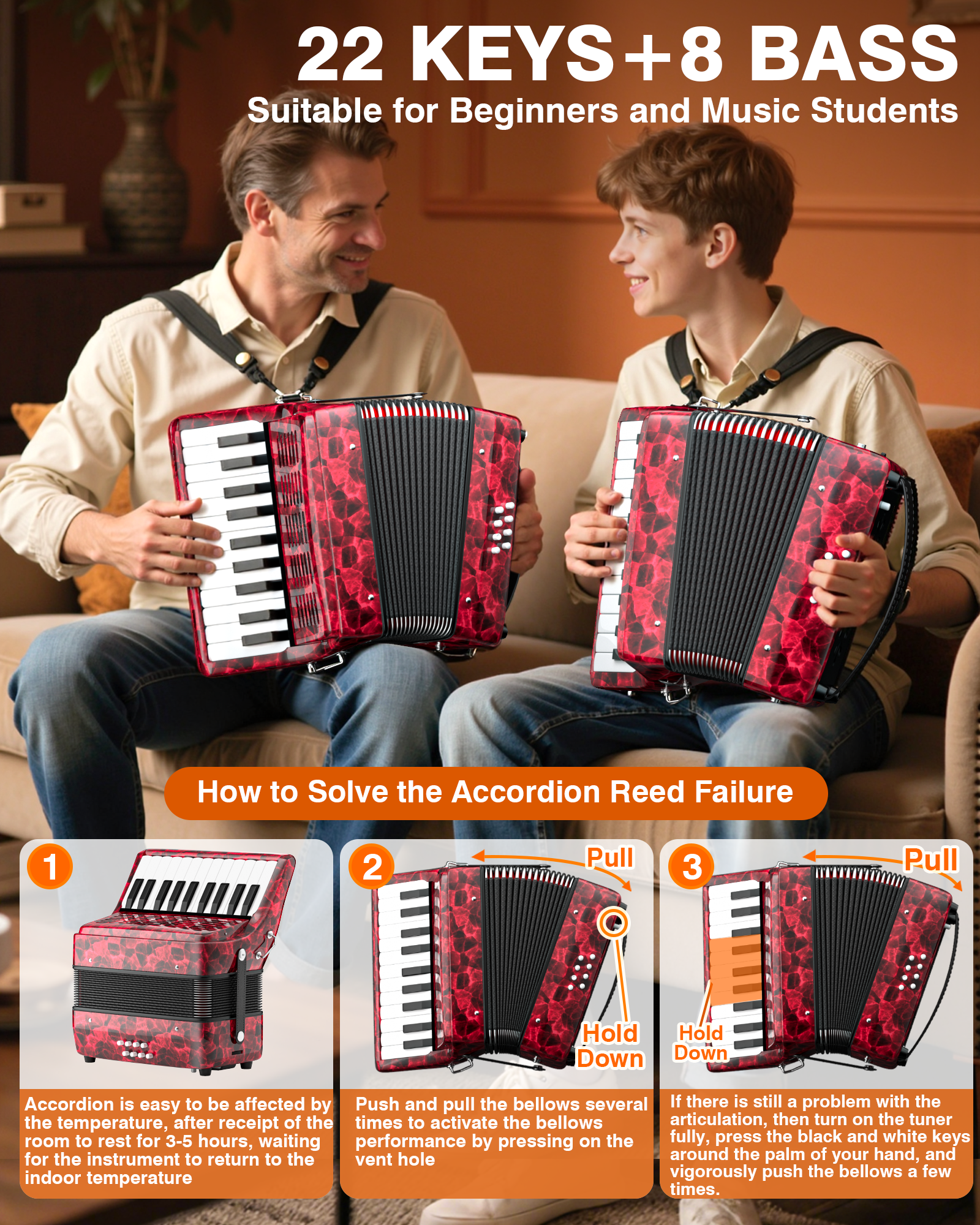 22 Key Piano Accordion - 8 Bass 22-key Accordeon Musical Instrument, Easy Learning, Premium Maple Wood & Leather Bellows, Acordeones para Adultos w/Straps & Backpack for Beginners Students Adults