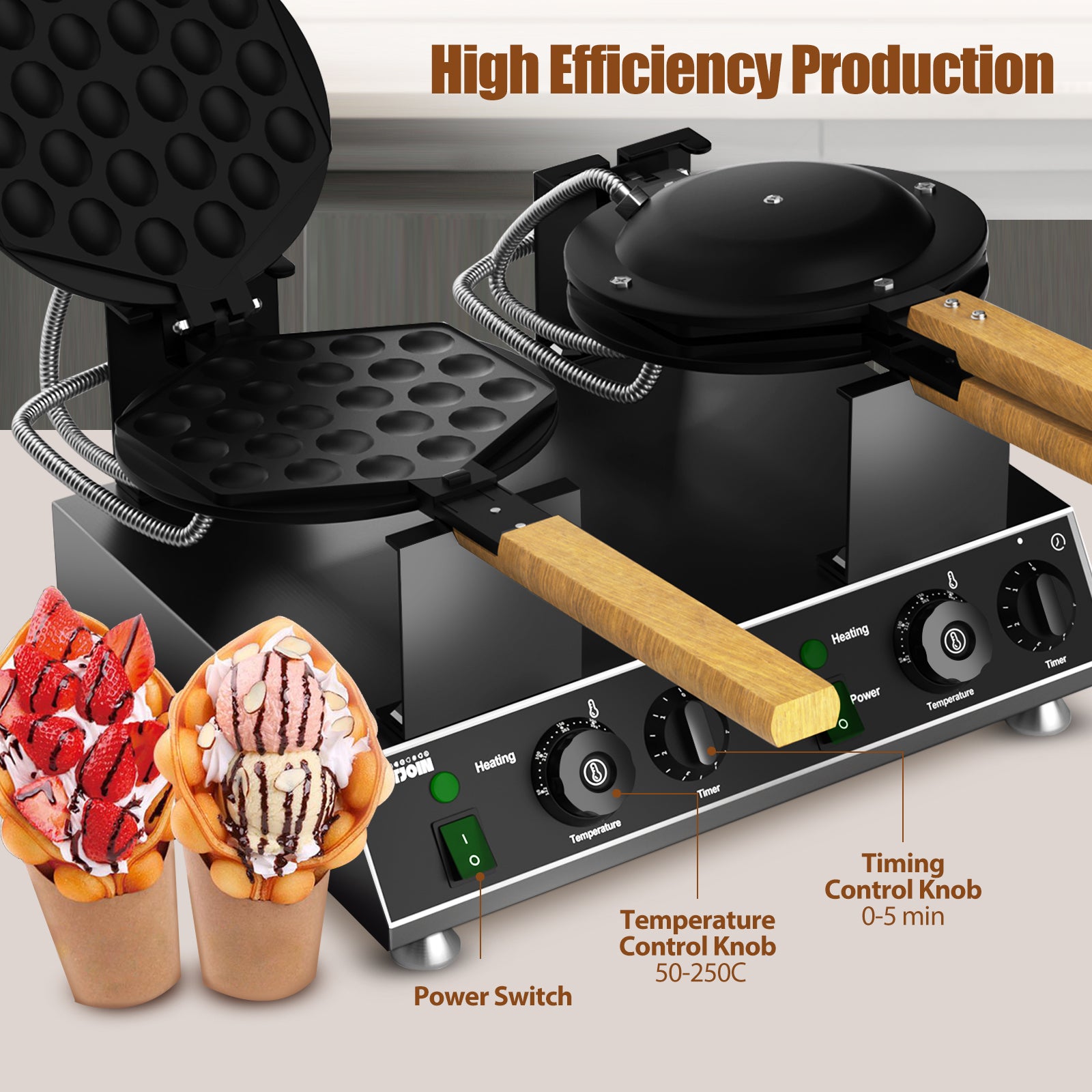 PYY Bubble Waffle Maker - Easy Clean，Double 180° Rotate, Non-stick, 1500W, 110V, 50-250℃, Commercial & Home Use, Stainless Steel