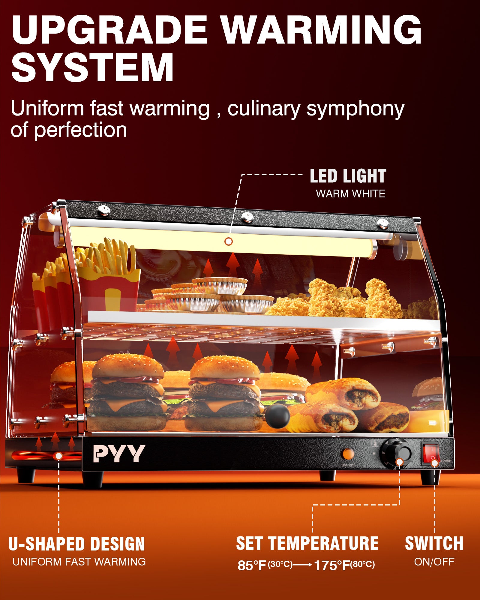 PYY Commercial Food Warmer Display - 2-Tier Adjustable Shelf Pastry Disaplay Case Pretzel Warmer Machine, Countertop Food Warmer with LED Lighting, for Hamburger, Pizza, Bread, Fried Chicken