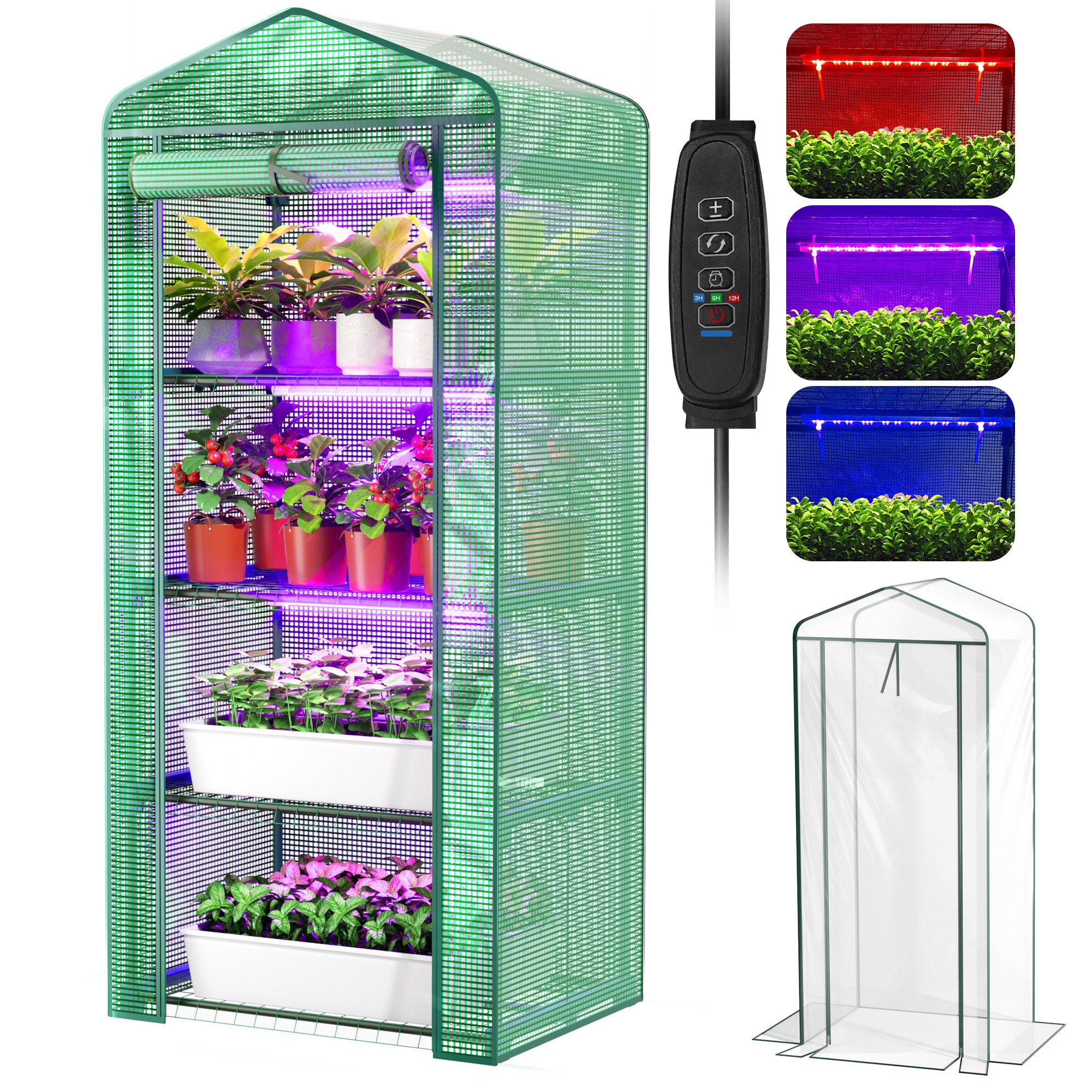 PYY Mini Indoor Greenhouse with Grow Light - Small Portable Outdoor Plant Green House Cabinet with Wheels, Thermometer, PE Tent Cover, 4 Dimmable 3 Color 2FT 36W LED Kit, 4 Tier Gardening Shelves