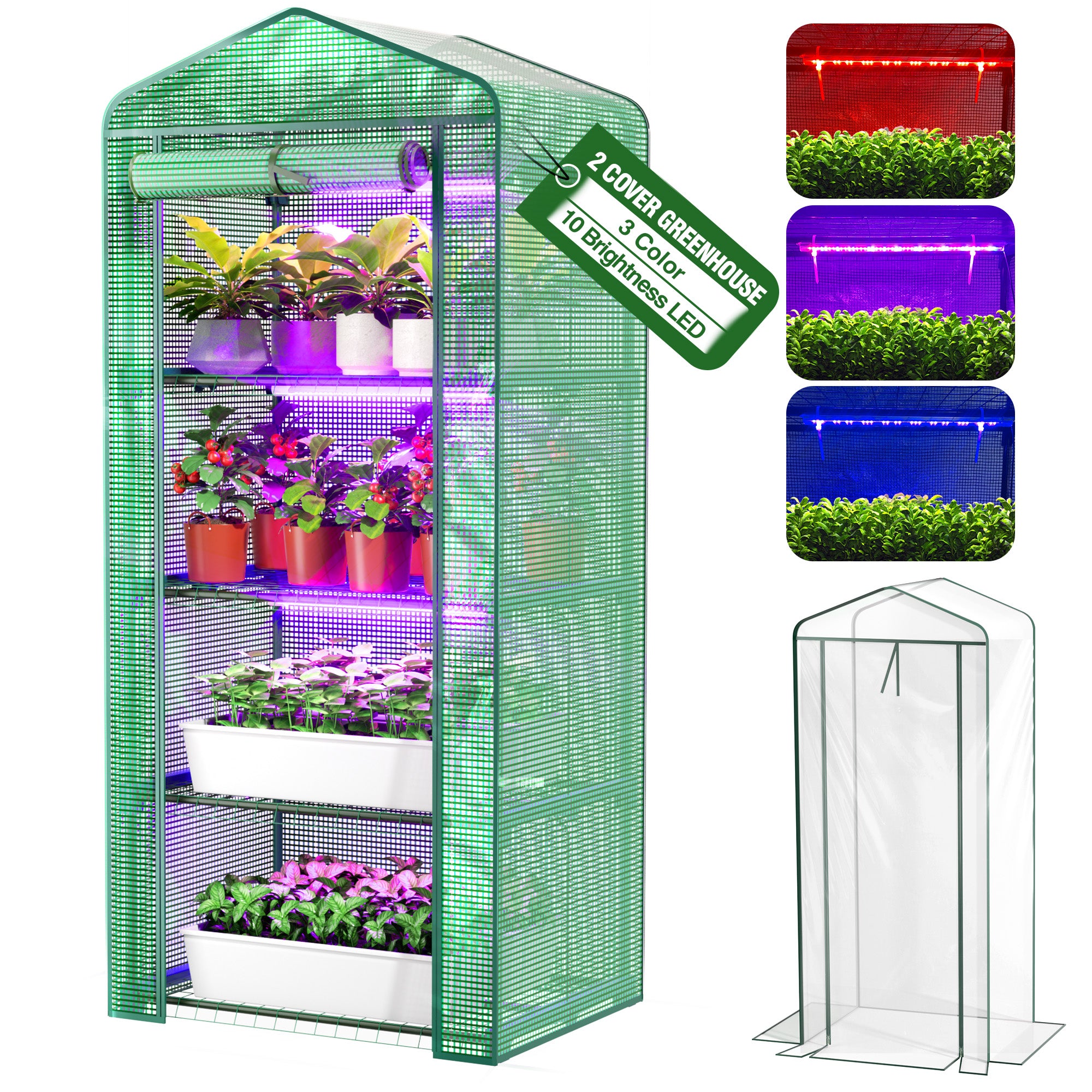 PYY Mini Indoor Greenhouse with Grow Light - Small Portable Outdoor Plant Green House Cabinet with Wheels, Thermometer, PE Tent Cover, 4 Dimmable 3 Color 2FT 36W LED Kit, 4 Tier Gardening Shelves