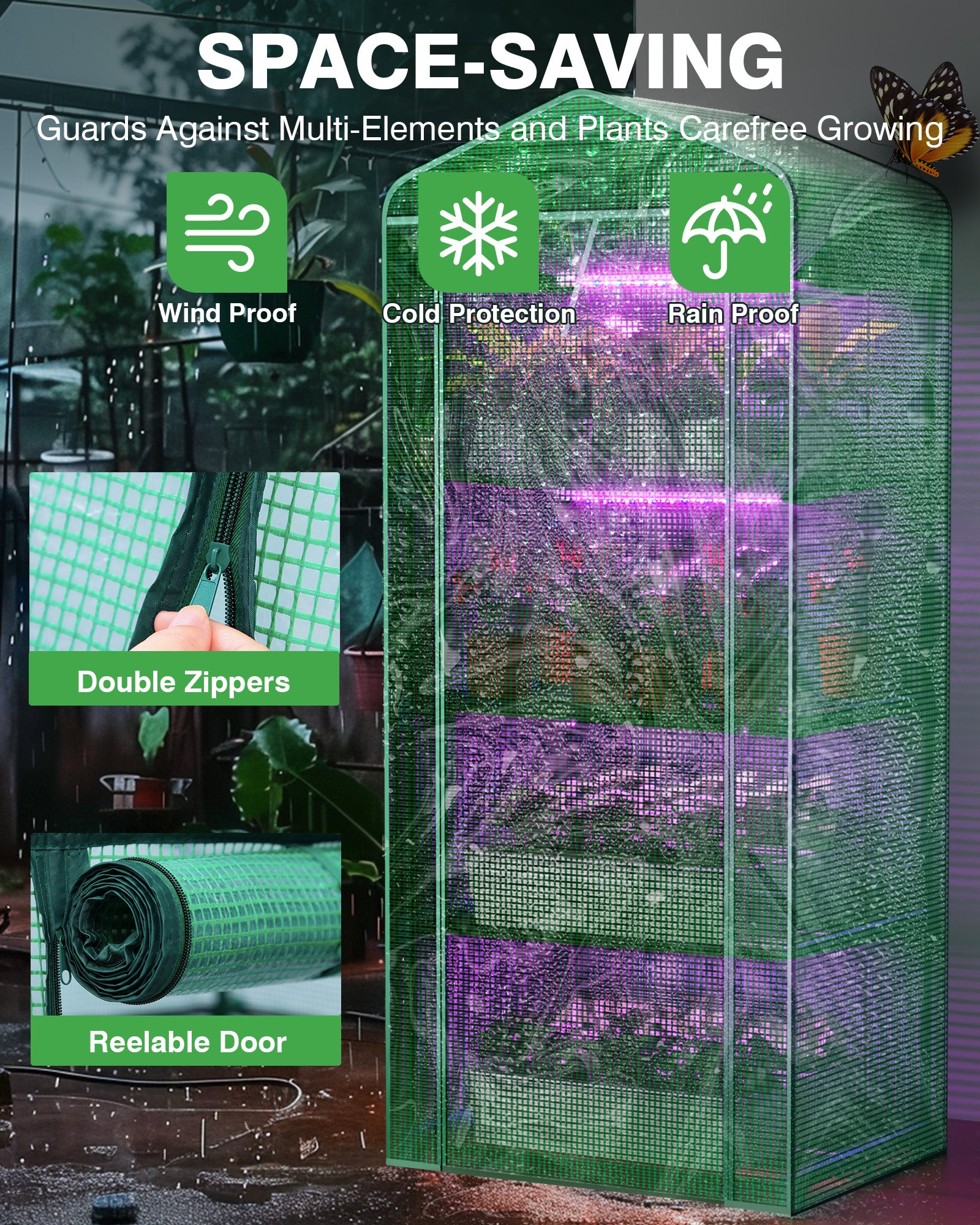 PYY Mini Indoor Greenhouse with Grow Light - Small Portable Outdoor Plant Green House Cabinet with Wheels, Thermometer, PE Tent Cover, 4 Dimmable 3 Color 2FT 36W LED Kit, 4 Tier Gardening Shelves