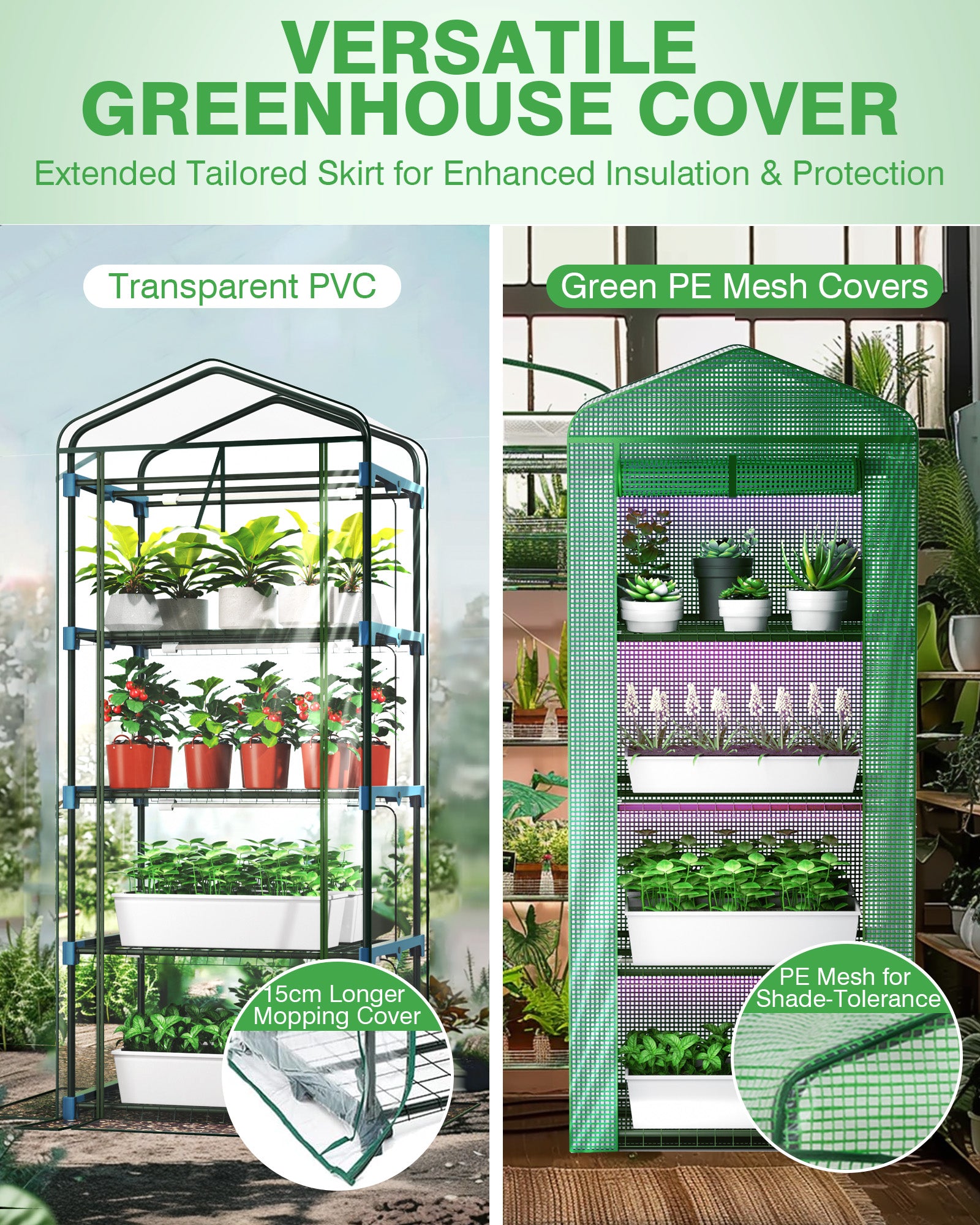 PYY Mini Indoor Greenhouse with Grow Light - Small Portable Outdoor Plant Green House Cabinet with Wheels, Thermometer, PE Tent Cover, 4 Dimmable 3 Color 2FT 36W LED Kit, 4 Tier Gardening Shelves