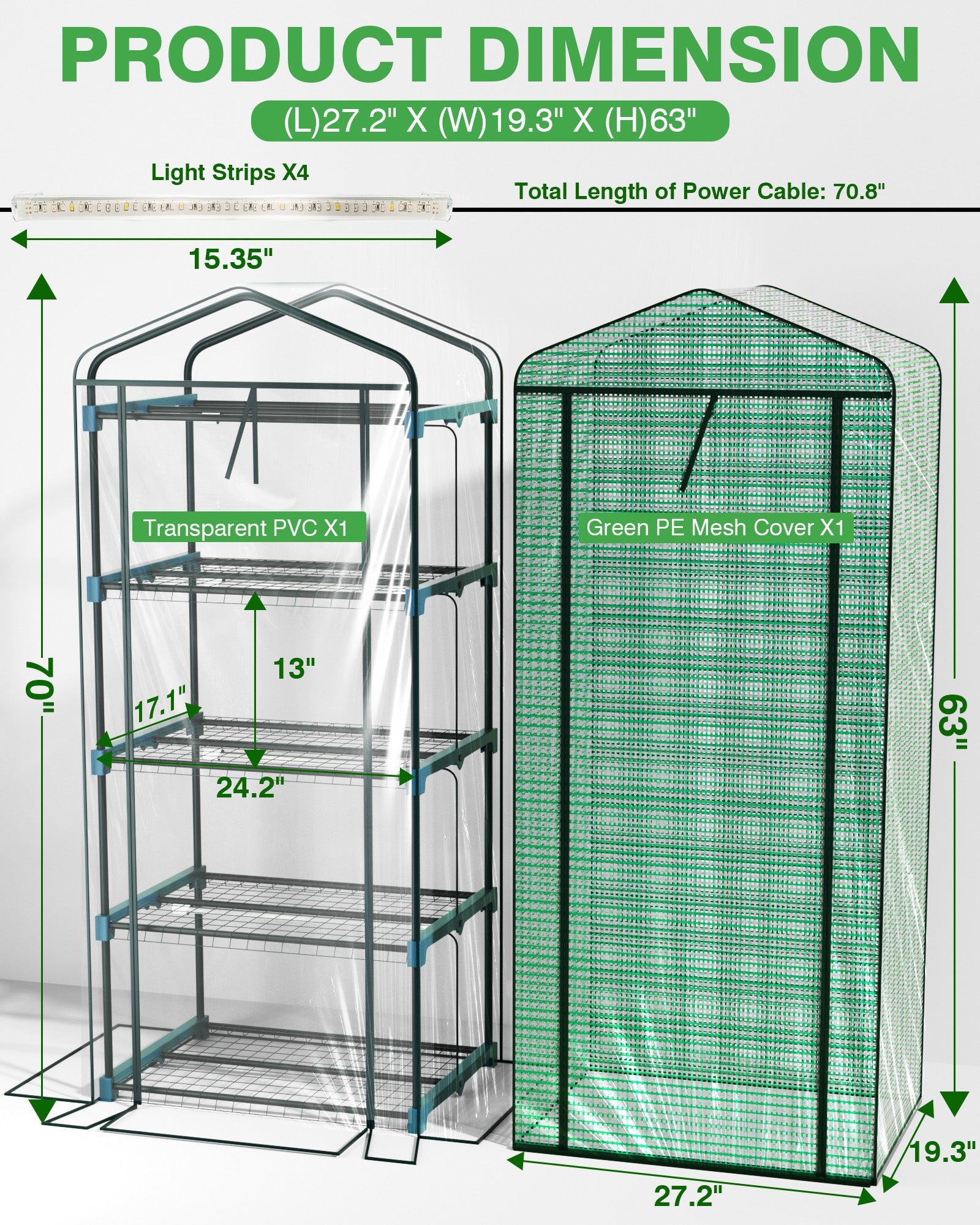 PYY Mini Indoor Greenhouse with Grow Light - Small Portable Outdoor Plant Green House Cabinet with Wheels, Thermometer, PE Tent Cover, 4 Dimmable 3 Color 2FT 36W LED Kit, 4 Tier Gardening Shelves