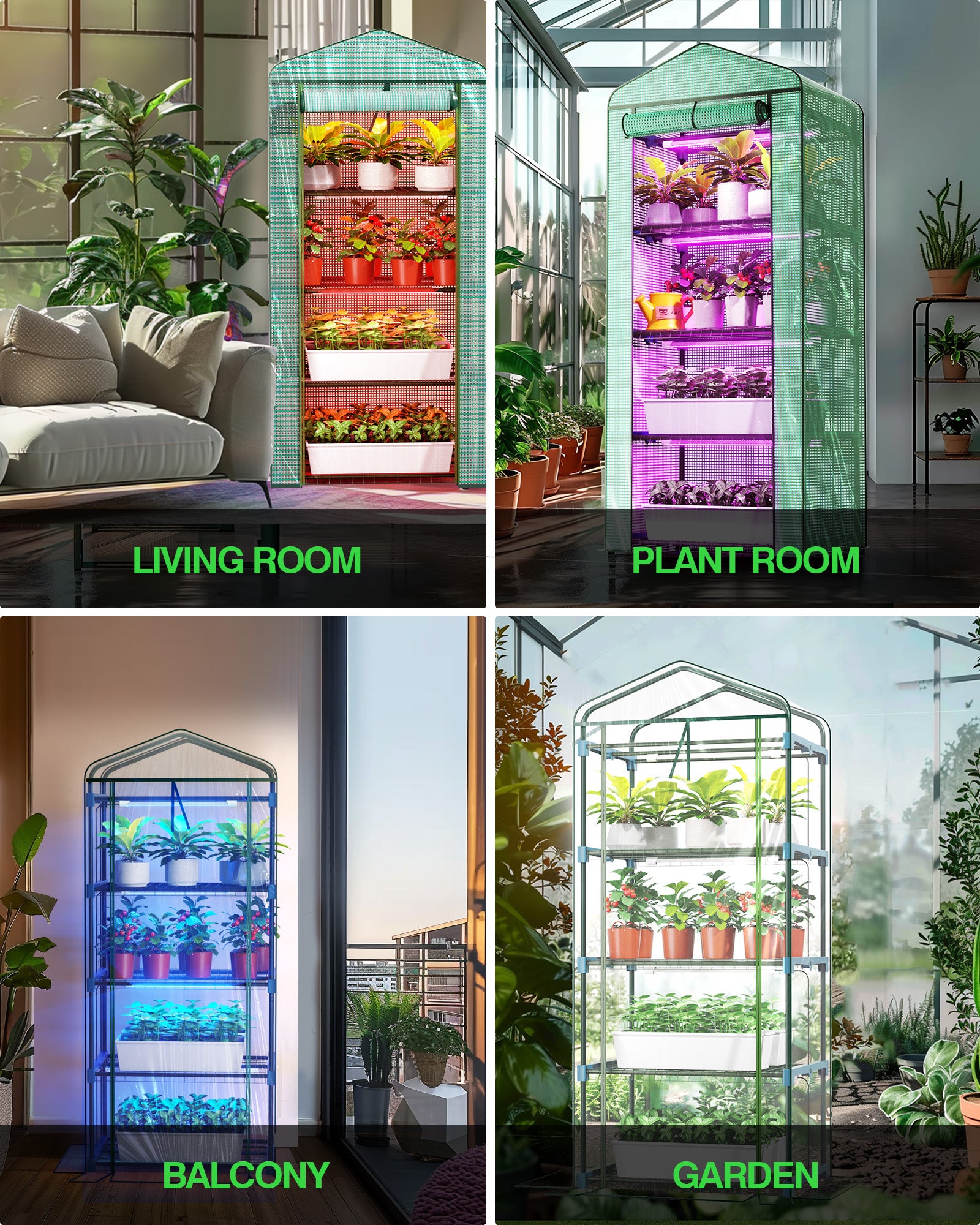 PYY Mini Indoor Greenhouse with Grow Light - Small Portable Outdoor Plant Green House Cabinet with Wheels, Thermometer, PE Tent Cover, 4 Dimmable 3 Color 2FT 36W LED Kit, 4 Tier Gardening Shelves