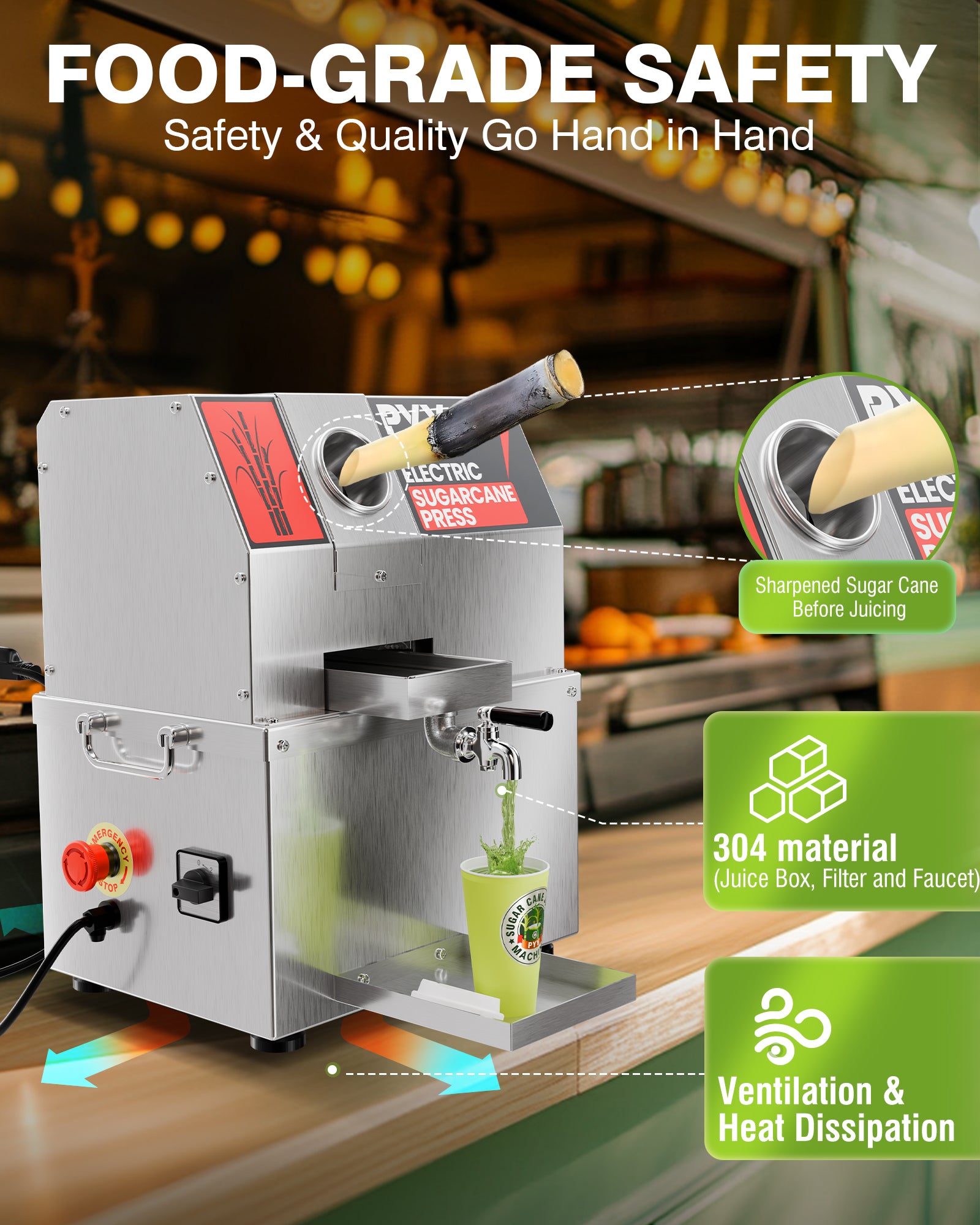 PYY Sugar Cane Juicer Machine - Commercial Countertop Electric 3-Rollers Sugarcane Juice Press Stainless Steel Washable Extractor, Guarapera de Caña de Azúcar Eléctrica w/ 2 Peelers, Brush, 600W