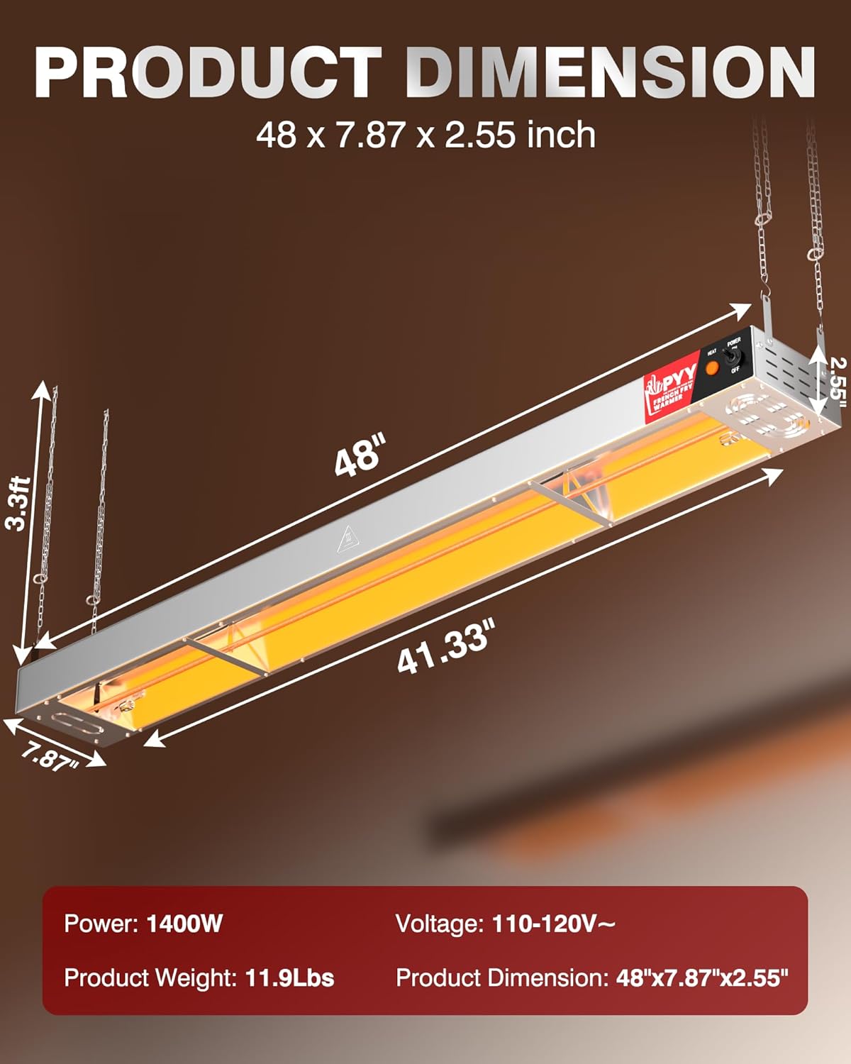 PYY Food Heat Lamp Strip - Commercial Food Heating Warmer, 500W Hanging Stainless Steel Electric Strip Heater, Food Service Restaurant