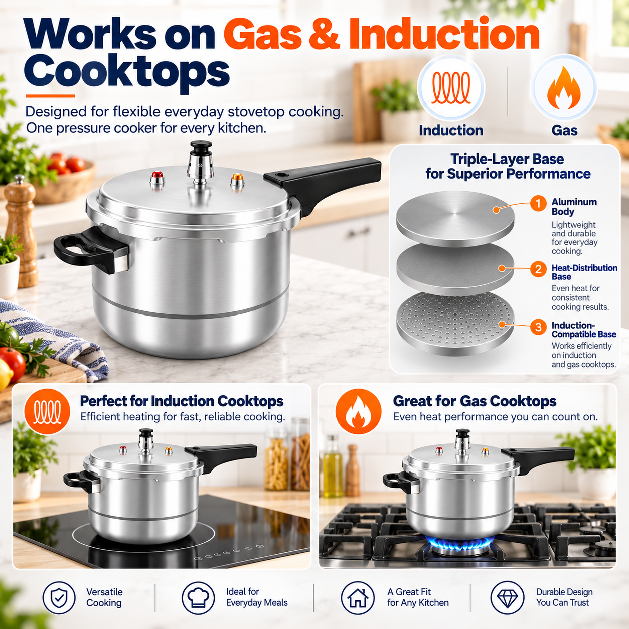PYY Pressure Cooker,5.5 Quart Aluminum Stovetop Pressure Cooker with Steamer Rack,Gas and Induction Compatible for Commercial and household