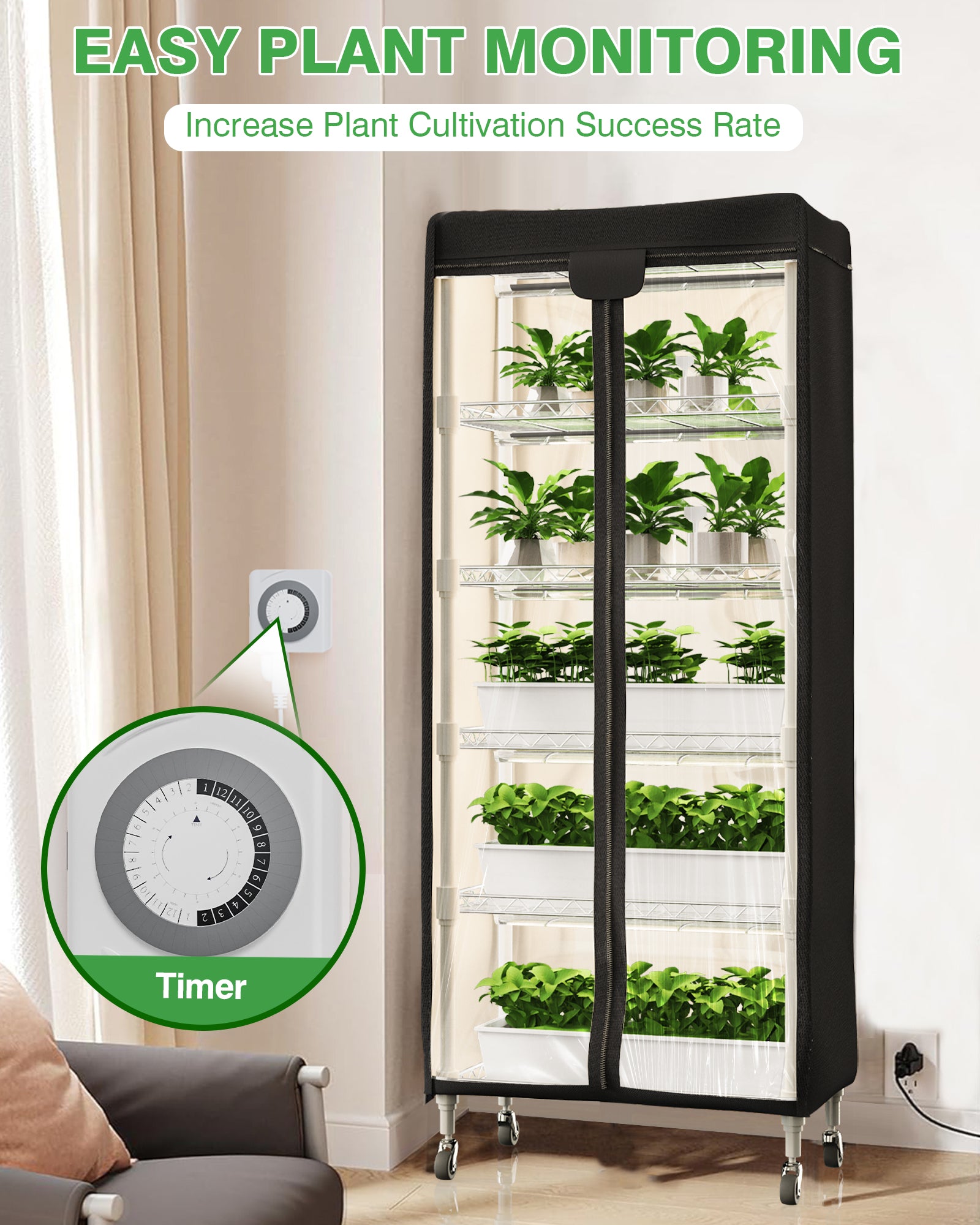 PYY Mini Indoor Greenhouse with Grow Light - 5 Tier Gardening Shelves Small Portable Outdoor Plant Green House Cabinet with Wheels, 600D Oxford Tent Cover, 60W PPFD T8 LED, Timer, Thermometer