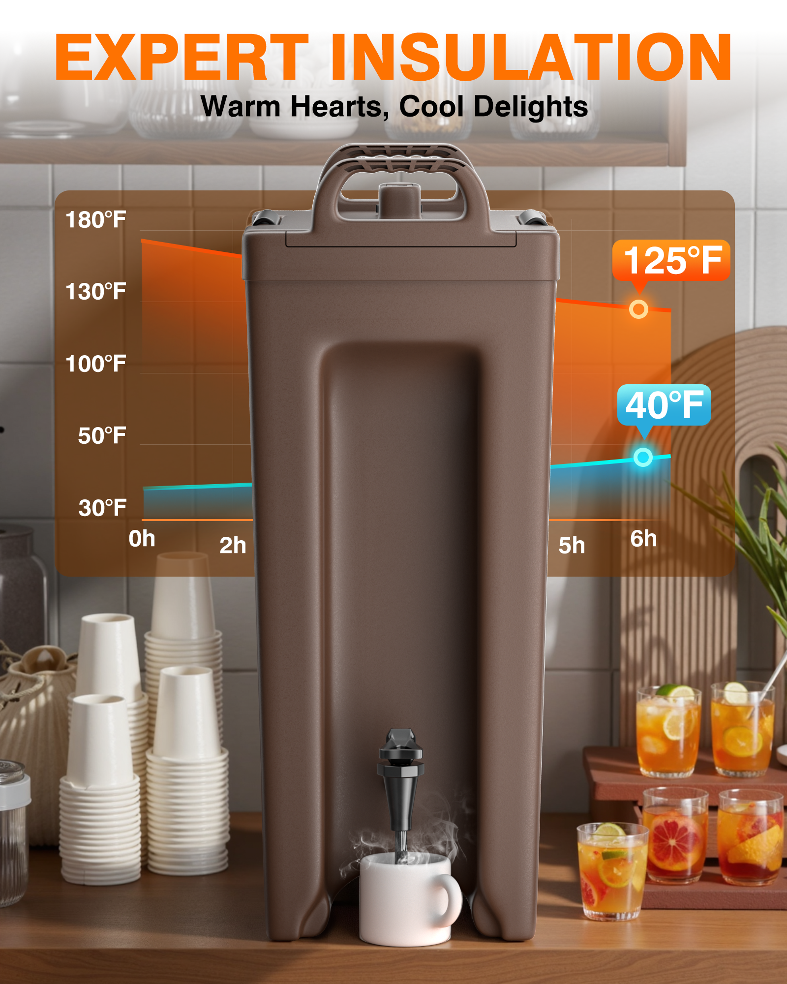 PYY Insulated Beverage Dispenser - Hot and Cold Drink Container with Handles, Thermal Drink Dispenser Cooler Server carrier For Commercial Catering Brown