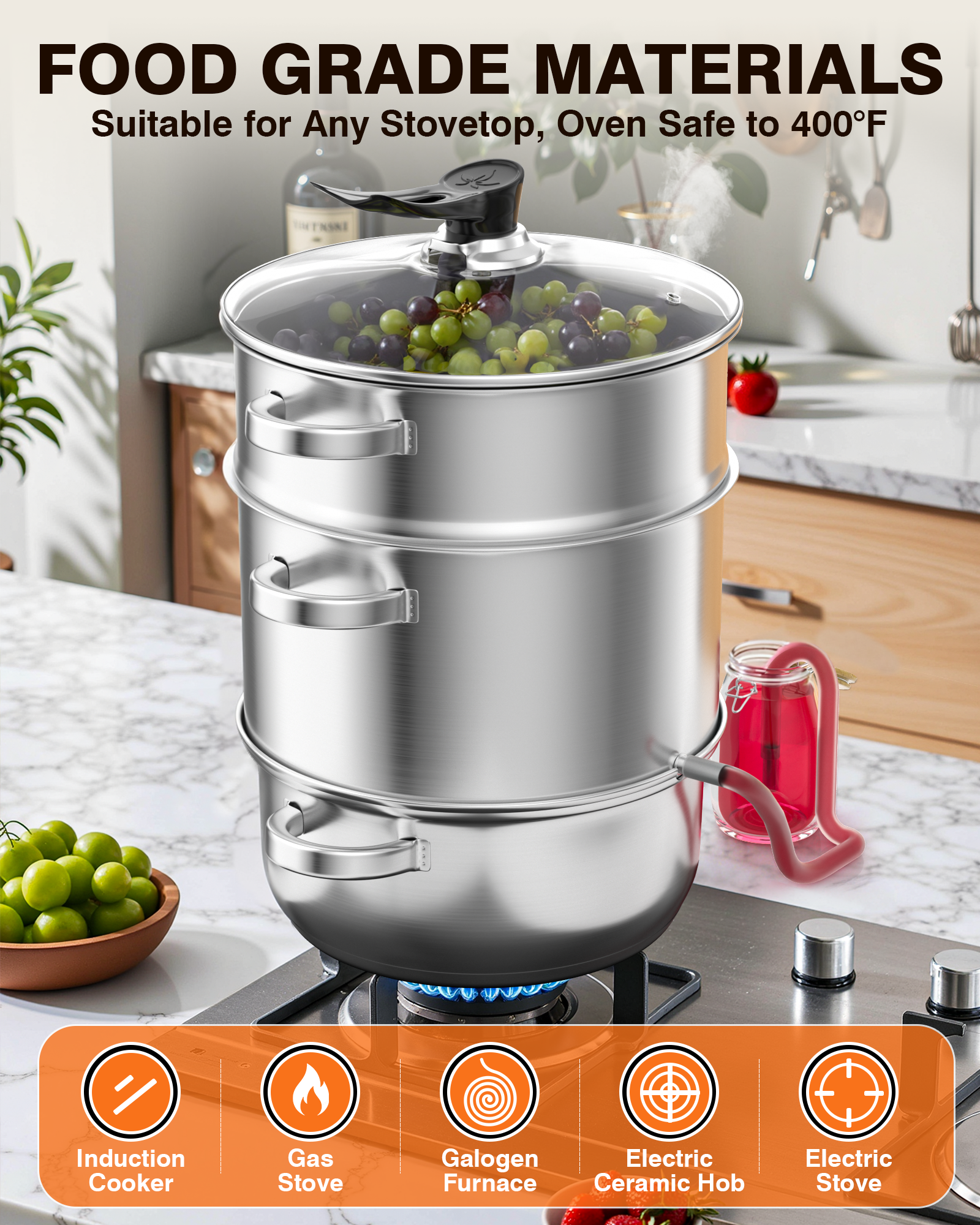 PYY Steam Juice Extractor - 11QT Fruit Vegetables Steam Juicer for Canning, 3-Layer Stainless Steel with Tempered Glass Lid, Hose, Jelly, Syrup, Clamp Steamer Juicer for Making Juice